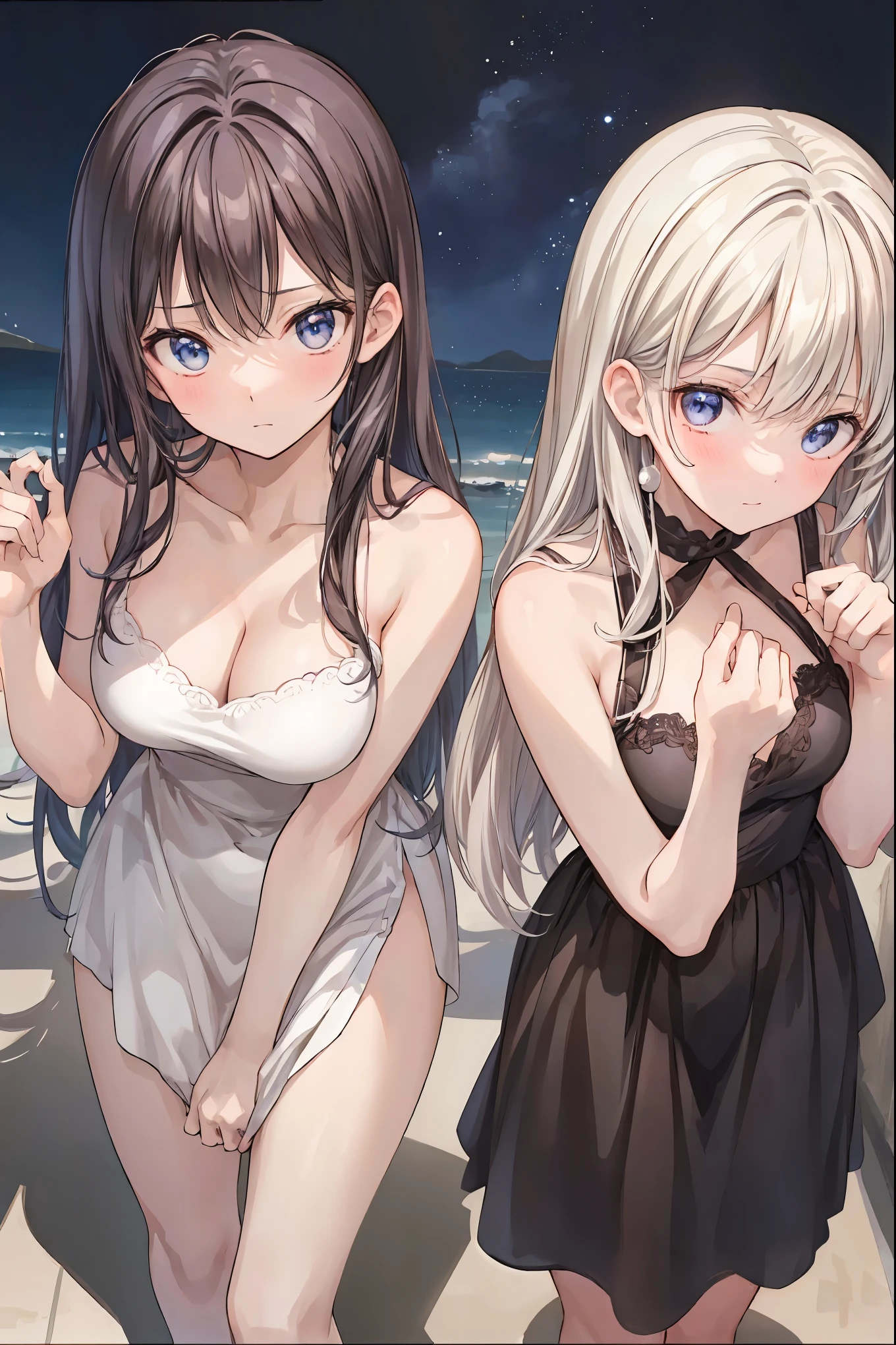 star座のパーソナリティ化,夜空に輝く十二star座がpeopleの姿を得て舞い降りる,(((Gemini twins))),((from above:1.2)),field,starが見える丘で,流star、空から降り注ぐ流star、無数の流star群、girl2people,they look the same,Gemini girl,twin girls,monozygotic,soft expression,year zero,Elegant Behavior, Delicate Shape ,細部までこだわり抜かれたRealistic表現,exquisite digital art,Mysterious Night Sky Background,star々white Greek style dress,High Quality,4K,Ultra Fine,Realistic,picture that follows the skin,HDR,UHD,expert level with delicate background, ,bokeh