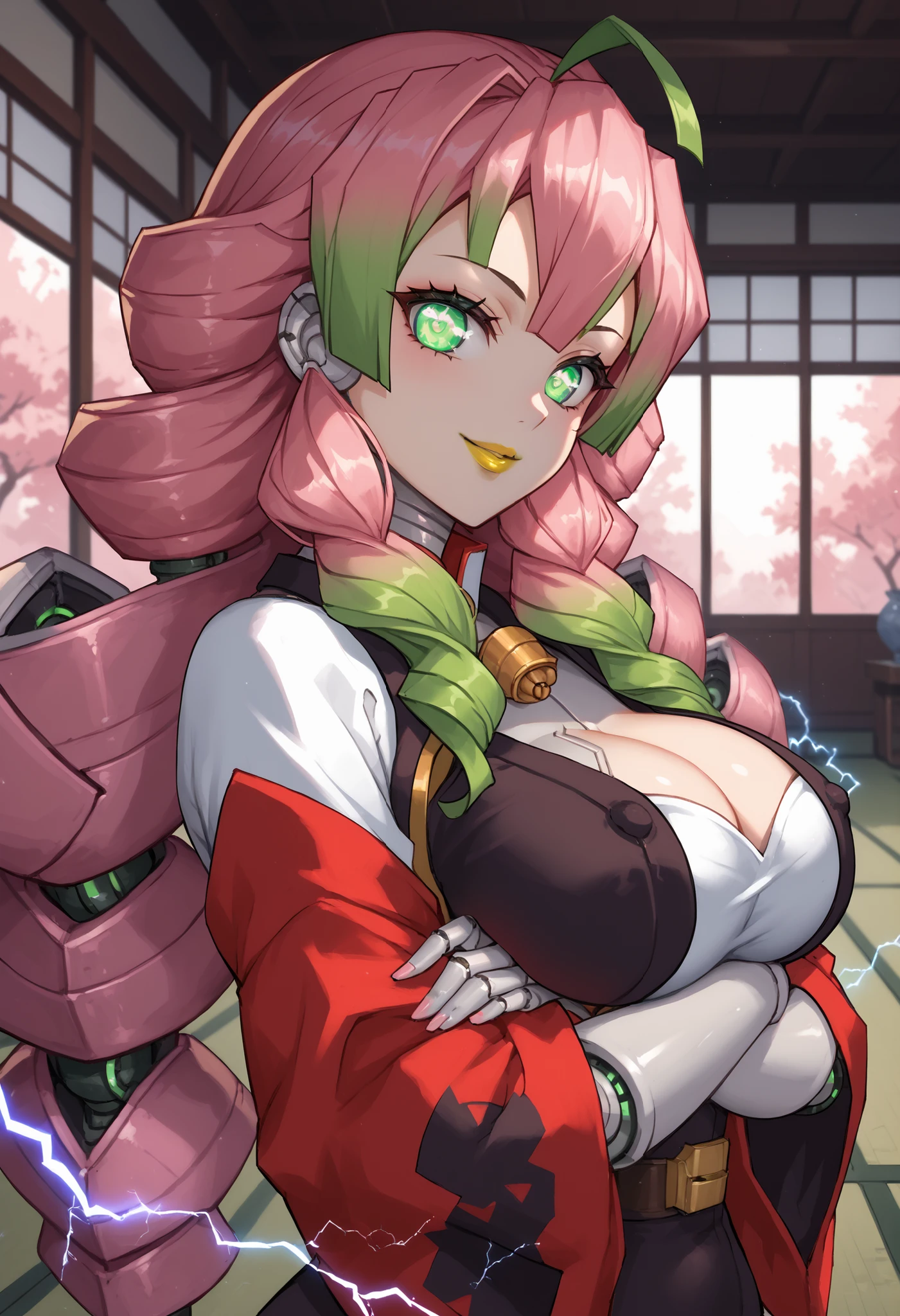female robot, anime style, yellow lipstick, , metallic skin, green eyes, pink hair, green highlights in hair, focus on the character, strong, smile, looking at the viewer, inside a Japanese house, technology, technological metal tentacles, glowing eyes, dark red kimino, fantastic lighting, electricity, side view, open arms, covered , cleavage, Mitsuri Kanroji, robotization, robot, solo, sensual smile, yellow lipstick 