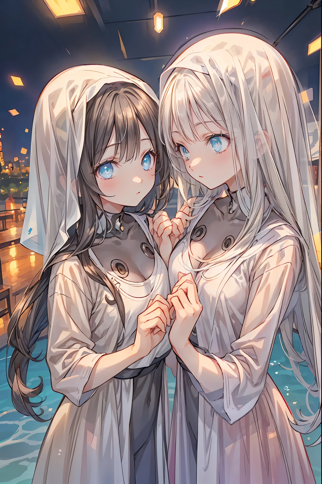 star座のパーソナリティ化,夜空に輝く十二star座がpeopleの姿を得て舞い降りる,(((Gemini twins)))，((from above:1.2)),field，starが見える丘で，流star、空から降り注ぐ流star、無数の流star群、girl２people，they look the same，Gemini girl,twin girls，monozygotic，soft expression,year zero,Elegant Behavior, Delicate Shape ,細部までこだわり抜かれたRealistic表現,exquisite digital art,Mysterious Night Sky Background,star々white Greek style dress,High Quality,4K,Ultra Fine,Realistic,picture that follows the skin,HDR,UHD,expert level with delicate background, ,bokeh