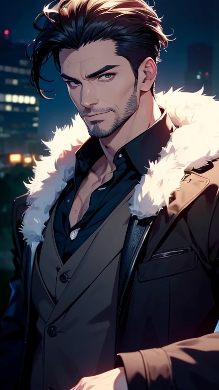 (best quality,4k,8k,highres,masterpiece:1.2),ultra-detailed,(realistic,photorealistic,photo-realistic:1.37),30 year old man,3 day beard,handsome anime,portraits,strong,masculine,dark hair,sharp jawline,mesmerizing eyes,perfectly styled hair,cool anime outfit,confident expression,vibrant colors,dynamic lighting, expression smile in love. ((CEO))