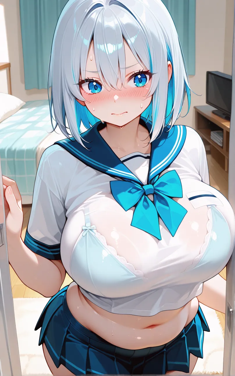 ((( pov,1 boy, ,  , ,  is between , ))) in ,  squeeze, ((()))、(highest quality)), ((masterpiece)), (family friendly), Perfect Face,Shiny skin,Beautiful ,red eyes,Shiny skin、Sunburned skin、Sweat、Off the shoulder、(((Young)))、,(((Milking)))、(((2girls, Matching)))、、(((1boy,,)))、、、、、(((,)))、Subjective、projectile 、 on body , ((( on )))、. between 、short hair、(((Short Bob)))、Cat ear、Double teeth、(((Sky blue and white hair)))、(((Red hairpin)))、Golden Eyes、Sunburned skin、night、 、Belly button、cyber punk、Prone、{school uniform,Short sleeve shirt,break,(Checked skirt:1.2),