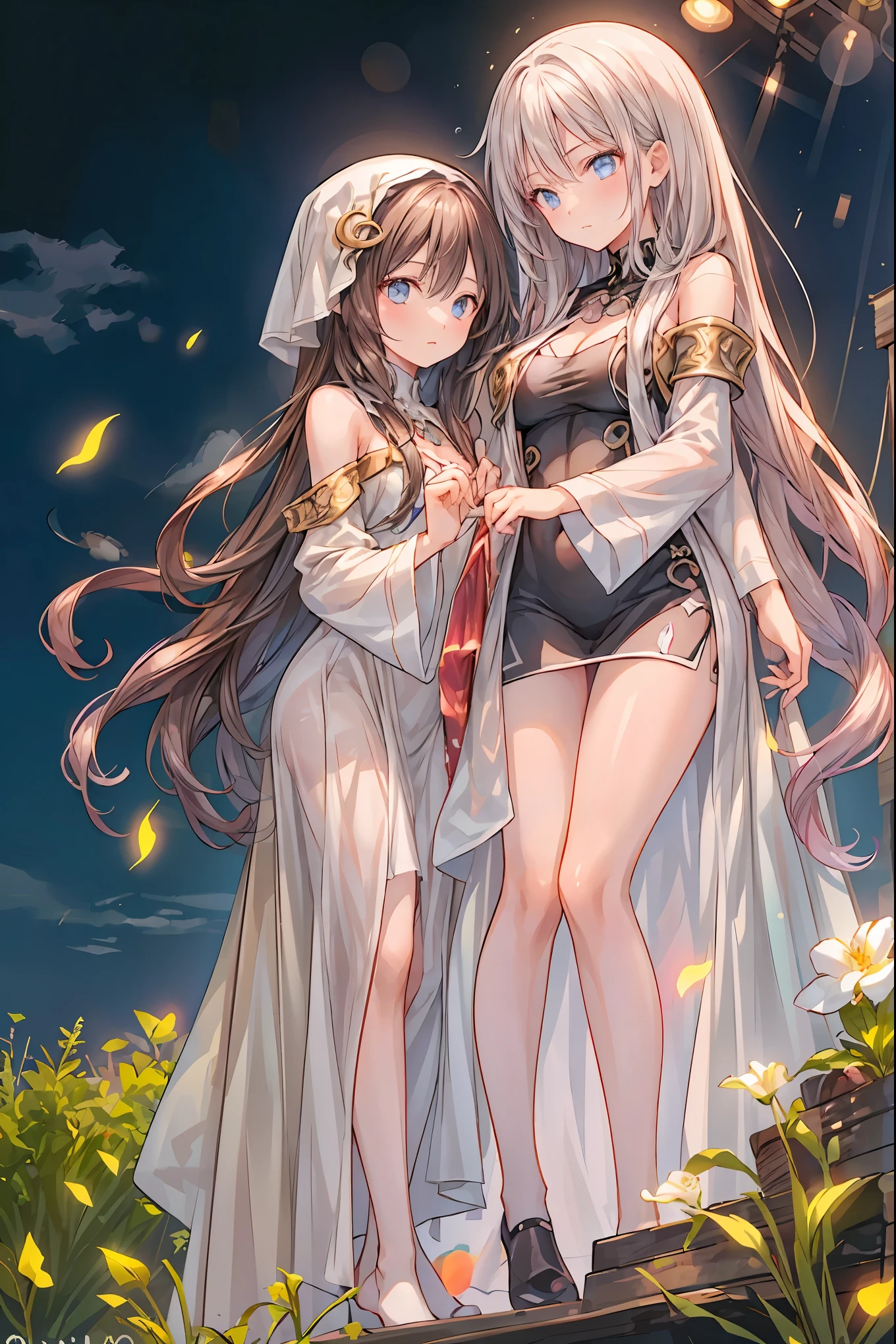 star座のパーソナリティ化,夜空に輝く十二star座がpeopleの姿を得て舞い降りる,(((Gemini twins)))，((from above:1.2)),field，starが見える丘で，流star、空から降り注ぐ流star、無数の流star群、girl２people，full shot，full body view，they look the same，Gemini girl,twin girls，monozygotic，soft expression,year zero,Elegant Behavior, Delicate Shape ,細部までこだわり抜かれたRealistic表現,exquisite digital art,Mysterious Night Sky Background,star々white Greek style dress,High Quality,4K,Ultra Fine,Realistic,picture that follows the skin,HDR,UHD,expert level with delicate background, ,bokeh