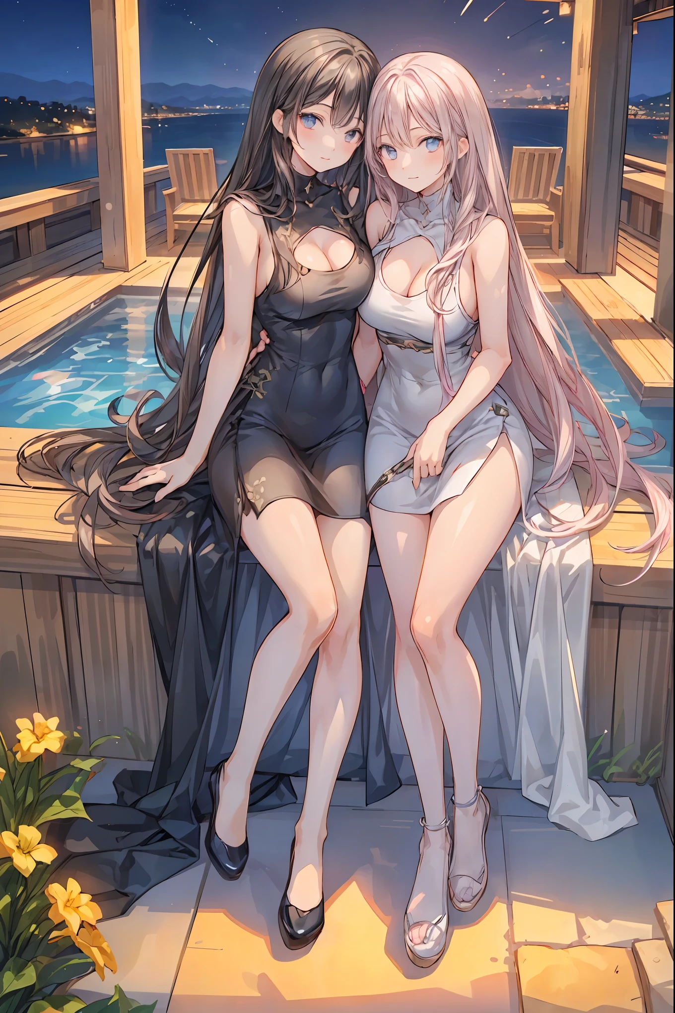 star座のパーソナリティ化,夜空に輝く十二star座がpeopleの姿を得て舞い降りる,(((Gemini twins))),((from above:1.2)),field,starが見える丘で,流star、空から降り注ぐ流star、無数の流star群、girl2people,full shot,full body view,they look the same,Gemini girl,twin girls,monozygotic,soft expression,year zero,Elegant Behavior, Delicate Shape ,細部までこだわり抜かれたRealistic表現,exquisite digital art,Mysterious Night Sky Background,star々white Greek style dress,High Quality,4K,Ultra Fine,Realistic,picture that follows the skin,HDR,UHD,expert level with delicate background, ,bokeh