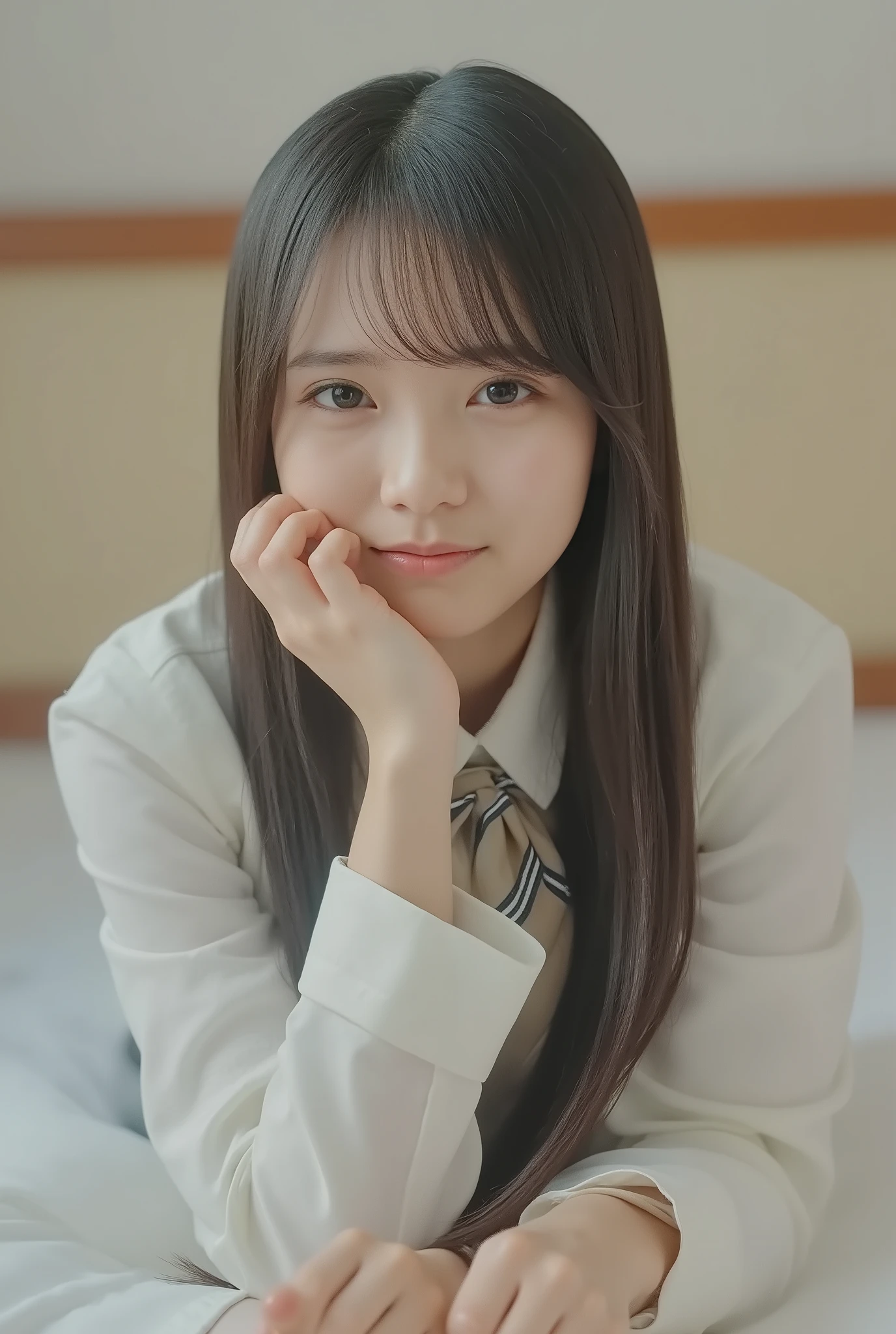 ((((( young girl:2.86))))),( masterpiece, Highest Quality:1.9),8k, Original photo ,, detailed skin,detailed pores,,(((Young face):1.7)),(( Young Body):1.6), reality, hotel room 、( lean forward :1.67)、smile、((( shirt:2.2))),(( :1.3)),Full Body,wearing only the upper body ,( short), flat ,