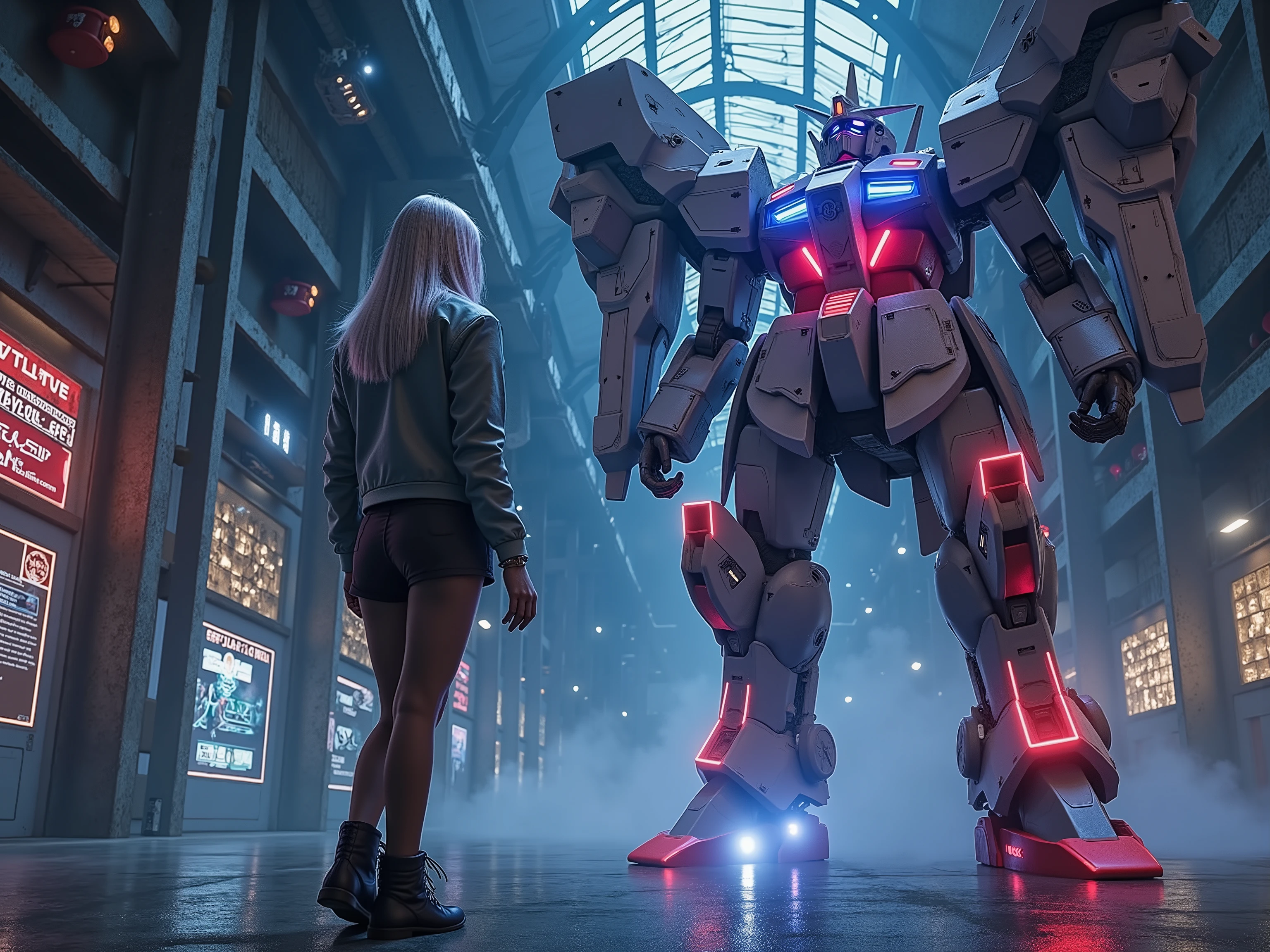 💋 : Cyber princess enters her mechanical combat giant — man and machine merge in neon light
🌟 : cyberpunk anime aesthetics, neon-drenched, mecha-detailliert, 8K-Render
🌌 : Underground hangar — rusty steel girder, holographic displays, floating maintenance drones, Oil fog in the air
😈 : Kadettin (22) with cybernetic implants — silver short haircut with LED strip, wears skin-tight nanofiber suit under open pilot jacket
🔥 : She stretches honors Her hand out fearfully — her fingers touch the huge metallic foot of her Gundam — her face shows determined dedication
(Techno-Details:
• Her eyes synchronize with the optical sensors
• Magnetic boots lift off the ground easily
• Energy lines pulse at the rhythm of their heartbeat)