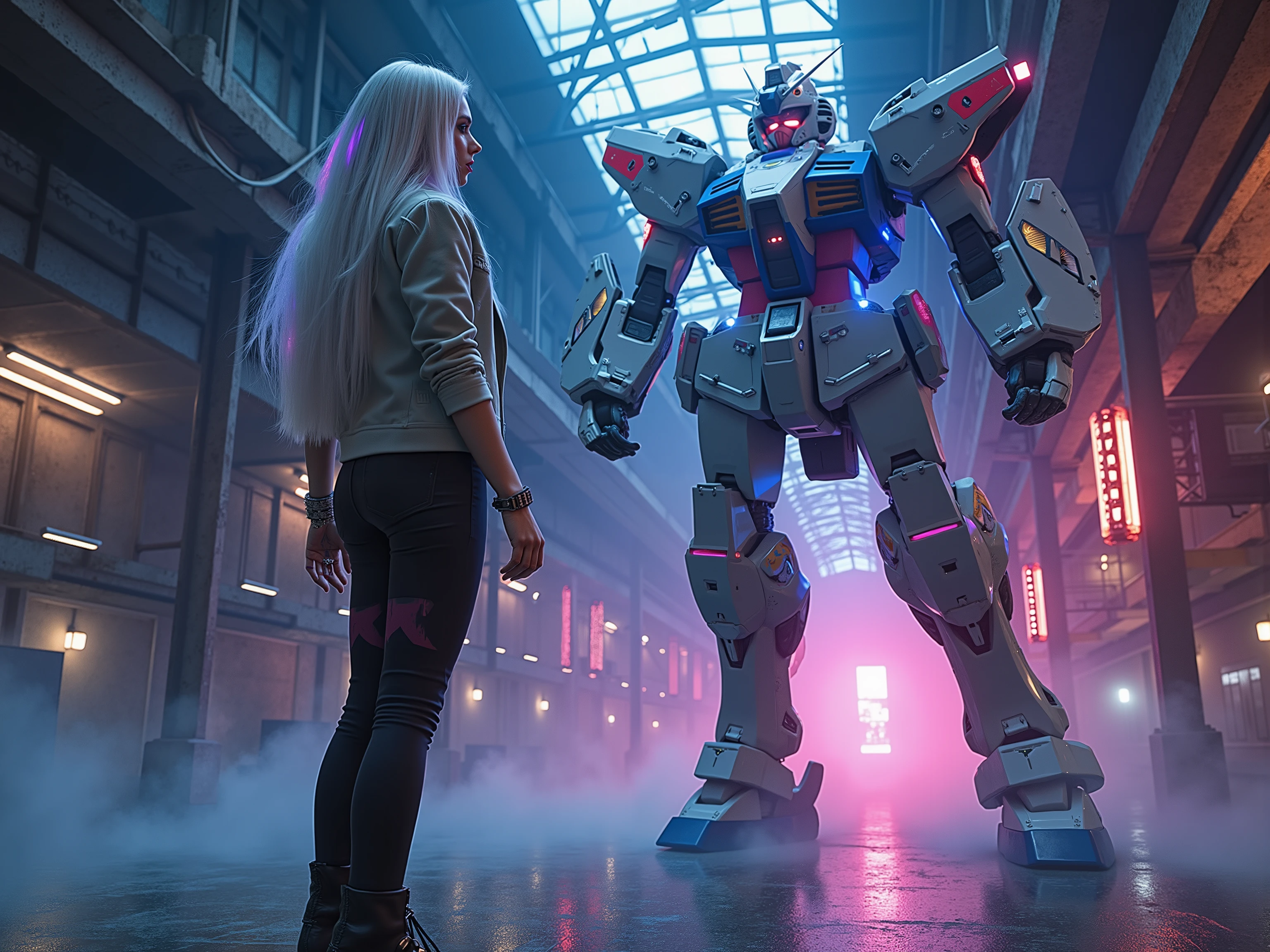 💋 : Cyber princess enters her mechanical combat giant — man and machine merge in neon light
🌟 : cyberpunk anime aesthetics, neon-drenched, mecha-detailliert, 8K-Render
🌌 : Underground hangar — rusty steel girder, holographic displays, floating maintenance drones, Oil fog in the air
😈 : Kadettin (22) with cybernetic implants — silver short haircut with LED strip, wears skin-tight nanofiber suit under open pilot jacket
🔥 : She stretches honors Her hand out fearfully — her fingers touch the huge metallic foot of her Gundam — her face shows determined dedication
(Techno-Details:
• Her eyes synchronize with the optical sensors
• Magnetic boots lift off the ground easily
• Energy lines pulse at the rhythm of their heartbeat)