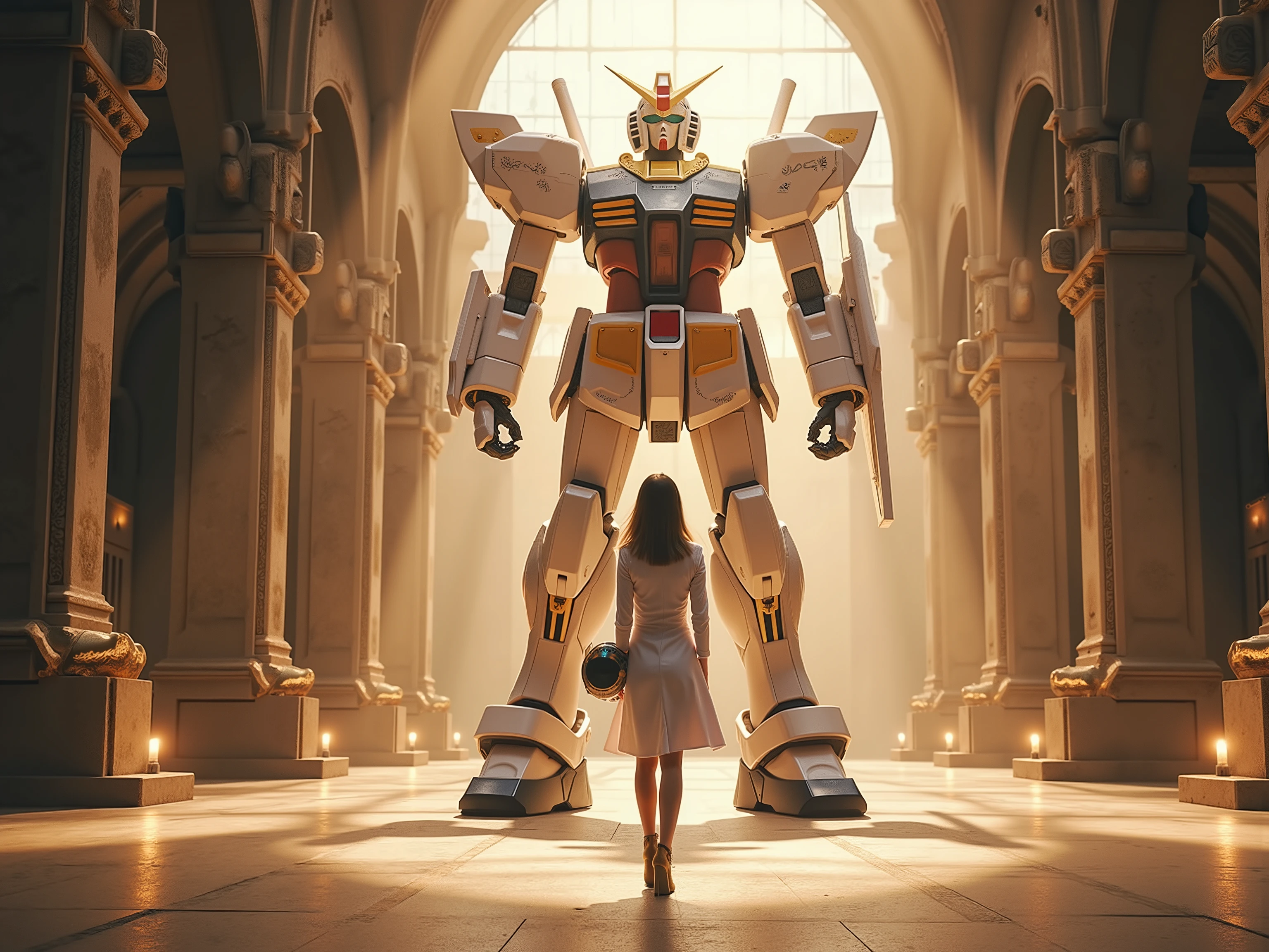 💋 Kampfprinzessin betritt ehrfurchtsvoll den heiligen Gundam-Hangar
🌟 Sakraler Sci-Fi-Stil, dramatic Rembrandt light with golden accents, Chiaroscuro lighting, epic cathedral aesthetics meets mecha technology, cinematische Renaissance-Qualität
🌌 Monumentaler Hangar wie eine futuristische Kathedrale, high vaulted ceilings with steel struts, individual rays of light flood the room from above, gigantic female Gundam armor enthroned majestically In the center, heilige Technologie-Atmosphäre
😈 Junge Kadettin in eleganter weißer Piloten-Uniform mit goldenen Verzierungen, shoulder-length brown hair, decisive but reverent facial features, slim athletic figure, trägt zeremoniellen Helm unter dem Arm
🔥 Sie schreitet mit gemessenen Schritten über den metallischen Boden dem Gundam entgegen, her face is covered by warm golden light while dramatic shadows dance around her, moment of spiritual connection between pilot and machine, silent reverence for the imminent battle