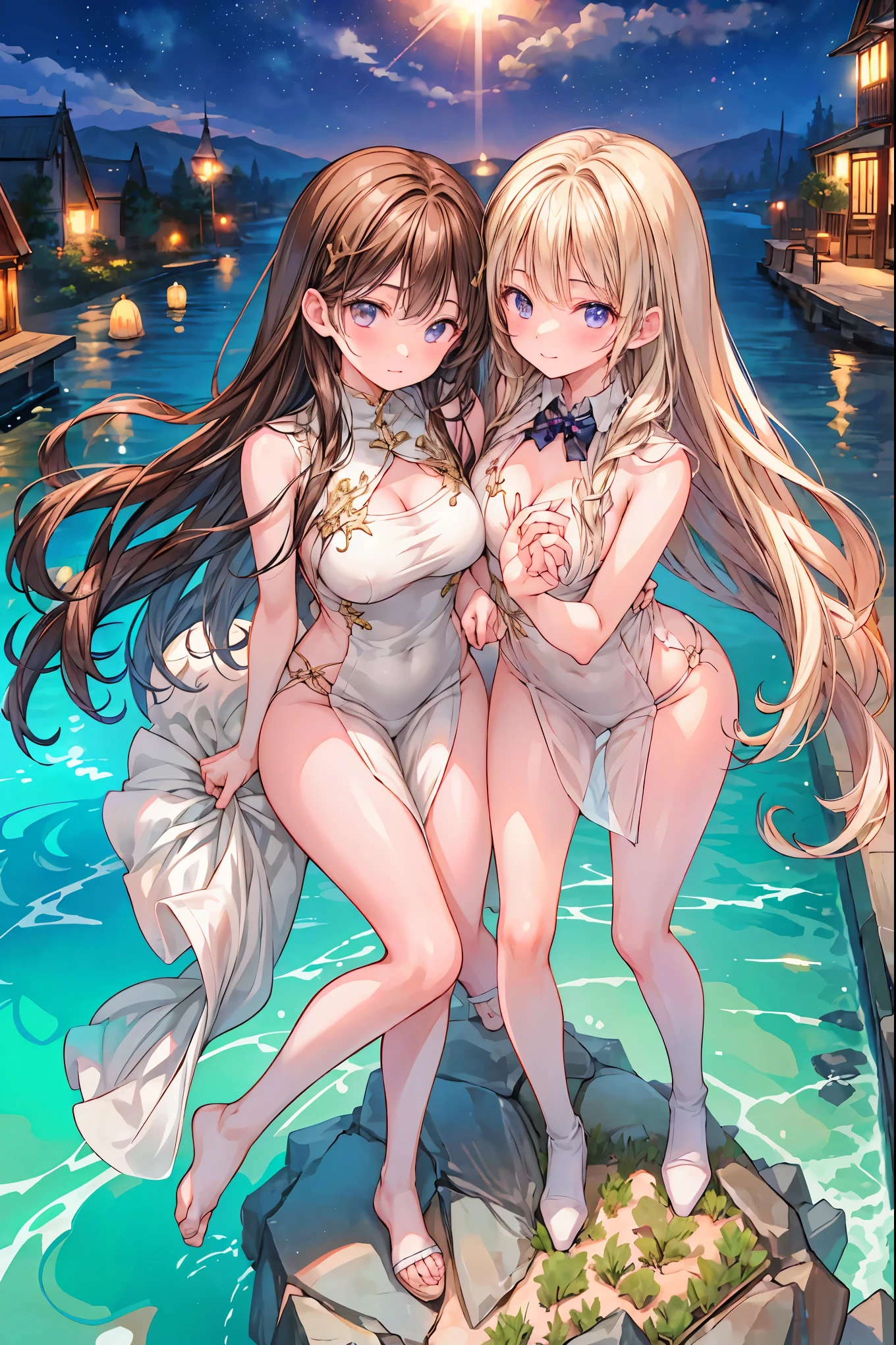 star座のパーソナリティ化,Night Skyに輝く十二star座がpeopleの姿を得て舞い降りる,(((Gemini twins))),((from above:1.2)),Outdoors,Night Sky,満満天のstarが見える,field,starが見える丘で,流star、空から降り注ぐ流star、無数の流star群、girl2people,they look the same,Gemini girl,twin girls,monozygotic,full shot,full body view,Beautiful legs,soft expression,year zero,Elegant Behavior, Delicate Shape ,細部までこだわり抜かれたRealistic表現,exquisite digital art,神秘的なNight Skyの背景,star々white Greek style dress,High Quality,4K,Ultra Fine,Realistic,picture that follows the skin,HDR,UHD,expert level with delicate background, ,bokeh