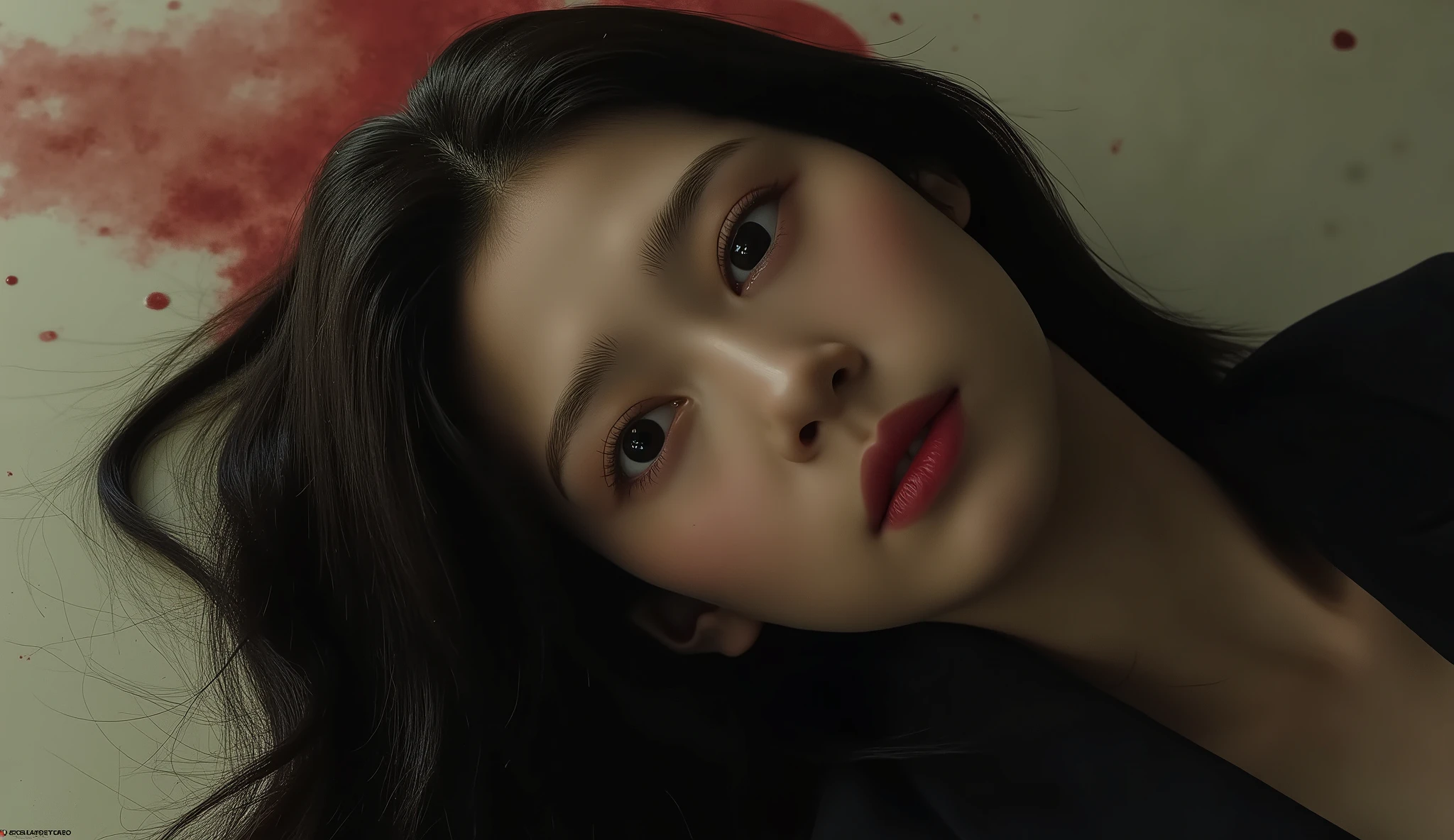 Masterpiece, Mocha Jacket, (Wallpaper with a very high definition of 8k), (best illustration), (Best Shadows), realistic light, High resolution, realistic photos, close-up of the face and the torso of a beautiful 30-year-old Asian woman, in good shape, wearing a black long-sleeved suit top, unbuttoned chest, lying on a bloody plaster floor, in an abandoned warehouse. She was shot in the forehead, a bullet wound in the middle of the forehead, a bullet hole in the middle of the forehead. There was a slight bleeding on her forehead, no hair covering her face, forgetting her eyes wide open with fear, her mouth open, the face was emotionally expressive of a sexual climax, but she had already died.
