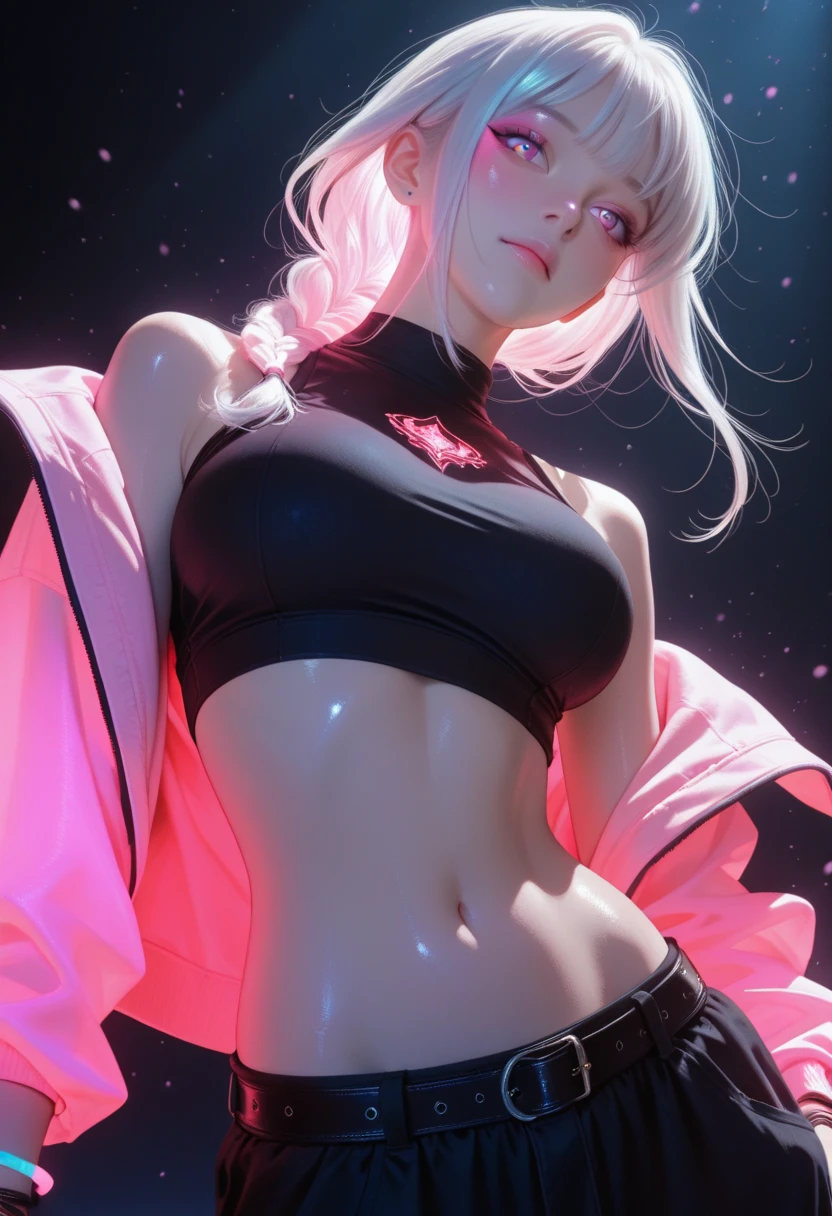 realistic, 1girl, white hair, purple eyes, glowing eyes, crop top, skirt, parted lips, blush, night, flowers, sun, sunlight,