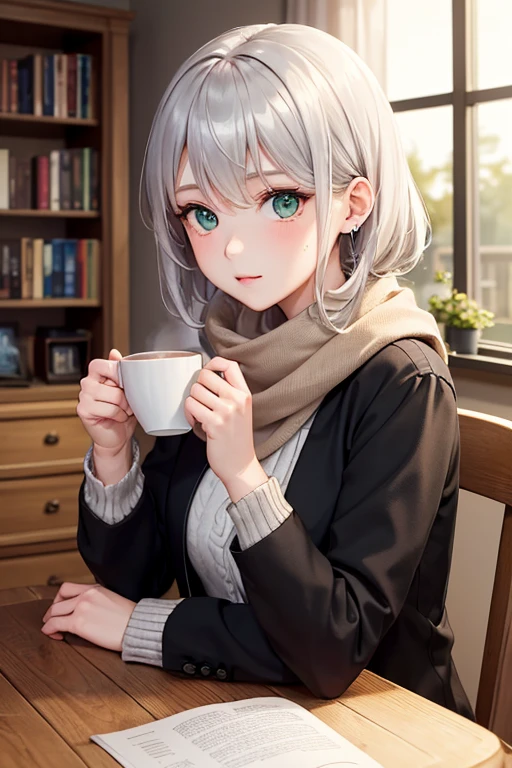 (((1 person　Gray Hair　Sit on the sofa　Crossing your legs　blue eyes)))　((High resolution　short hair　hoodie　Black Skirt　Rin々Funny face))　((Close-up))　((Blue butterfly　Asahi　Shining Aura　Catch the wind　Holding a cup　Drink coffee))　(smile　Bathed in light)　Shining Background　Shining Edge