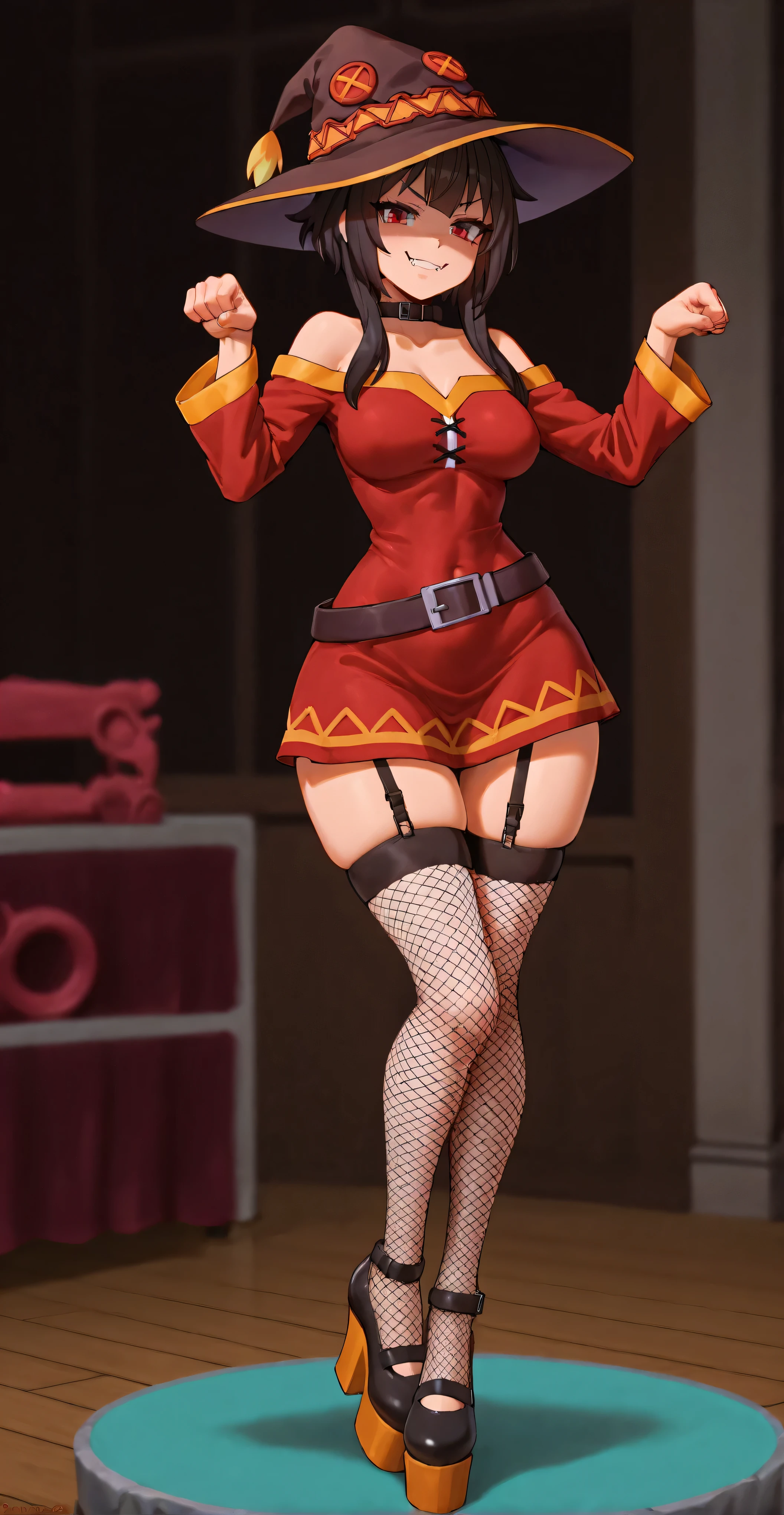 1girl, (((Renner)), Megumin, long loose hair, golden blonde:0.5, (iridescent blue eyes:0.5), bow, red tight mini dress,  shoulders. clavicles, long sleeves, fangs, cowboy shot, mischievous smile, looking at the viewer, Discoteca oscura, Megumin clothing, Renner con Megumin, very tight dance floor costume with green and blue laser light. dark, (((Renner,))) evil smile, thighs and wide legs, big , black high heels with platform. big loot,  body, small waist, Callie with speckled black hair, garter belts, black fishnet stockings. pose sensual. .  (((PonyScores )))(((hdA_BreastExpansionXL))) (((hdA_cute_PAW _pose_XL)))