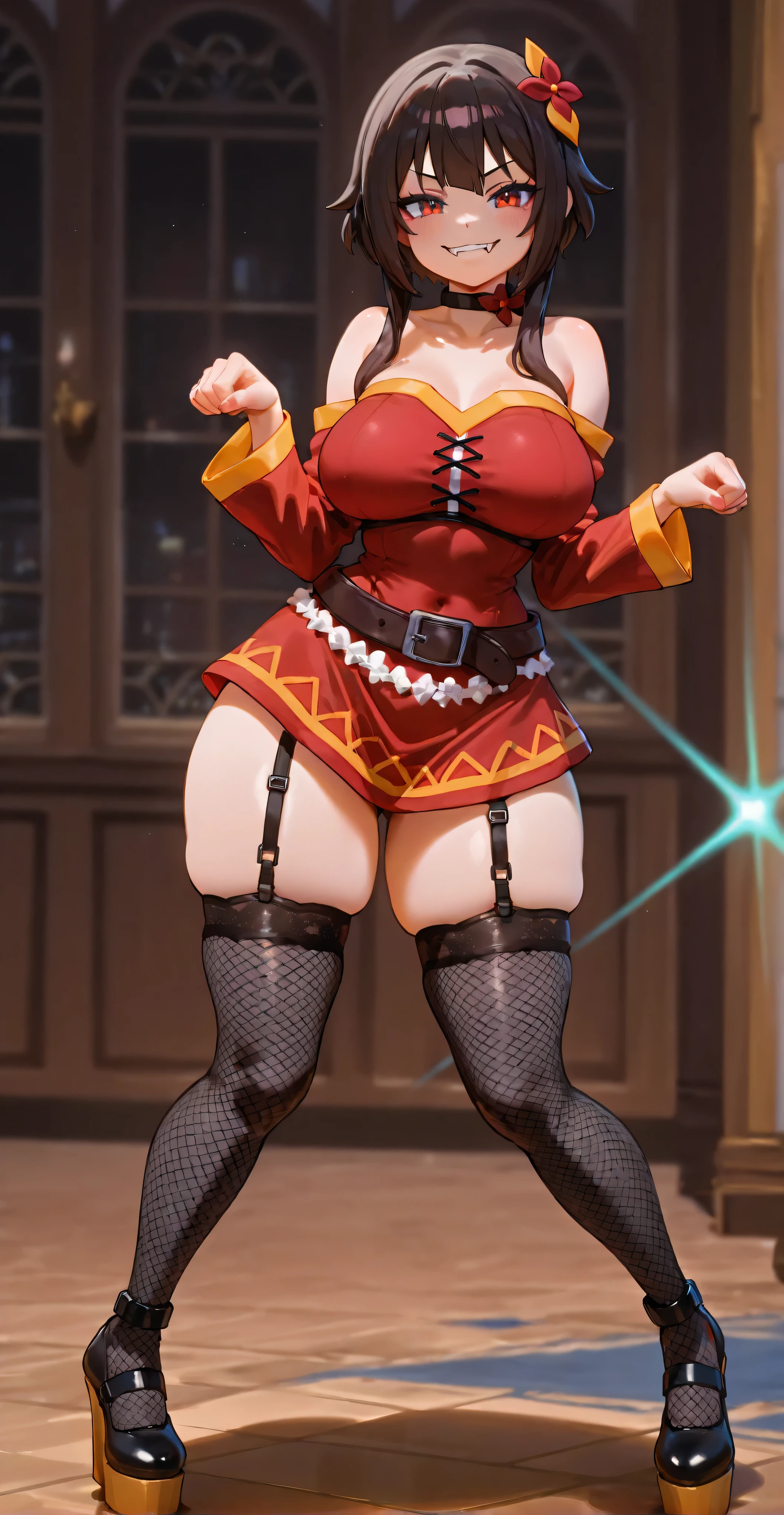 1girl, (((Renner)), Megumin, long loose hair, golden blonde:0.5, (iridescent blue eyes:0.5), bow, red tight mini dress,  shoulders. clavicles, long sleeves, fangs, cowboy shot, mischievous smile, looking at the viewer, Discoteca oscura, Megumin clothing, Megumin, very tight dance floor costume with green and blue laser light. dark, Renner, evil smile, thighs and wide legs, big , black high heels with platform. big loot,  body, small waist, Callie with speckled black hair, garter belts, black fishnet stockings. pose sensual. .  (((PonyScores )))(((hdA_BreastExpansionXL))) (((hdA_cute_PAW _pose_XL)))