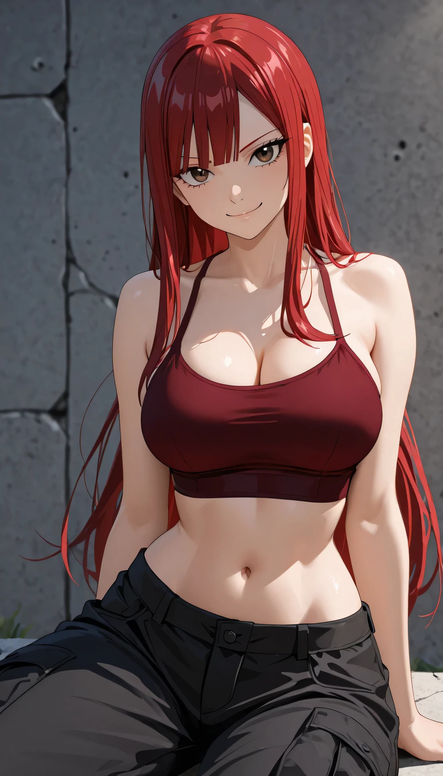 masterpiece, high score, great score, absurdres, close-up, beautiful woman, erza scarlet, blunt bangs long hair, Straight Long Hair with Blunt Bangs, blun bangs, brown eyes, perfect round breasts, cleavage, navel, wide hips,thigh, (wide hips), ((beautiful eyes)), vivid colors, volumetric lighting, soft lighting, one girl, one female, one woman, (sitting pose, sitt like a man, model pose, elegant model pose)), outdoors, ((Red Crop top, Oversized black cargo pants streetweart), Plain white concrete wall background, depth of field, glowing, ((half body)), looking at the viewers, natural smile, cowboy shot, close shot,