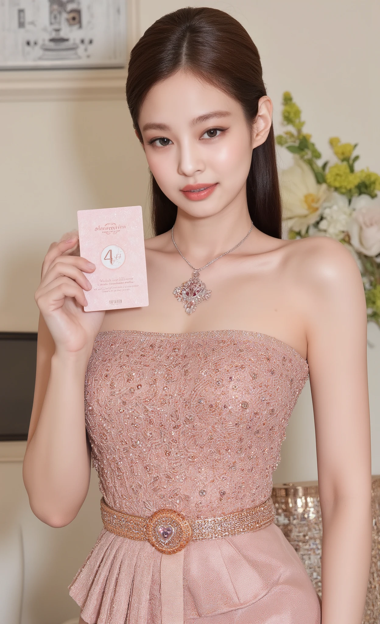 1women , Jennie from blackpink in Thai tradional dress, sexy, Beautiful smile,Beautiful Face Eyelashes Double Eyes Beautiful Makeup Eyebrow Slit Eyeliner, Sharp and Realistic , beautiful breasts, see thighs, wearing luxury diamond jewelry, professional pose, (focus showing card number 4# in her hand).