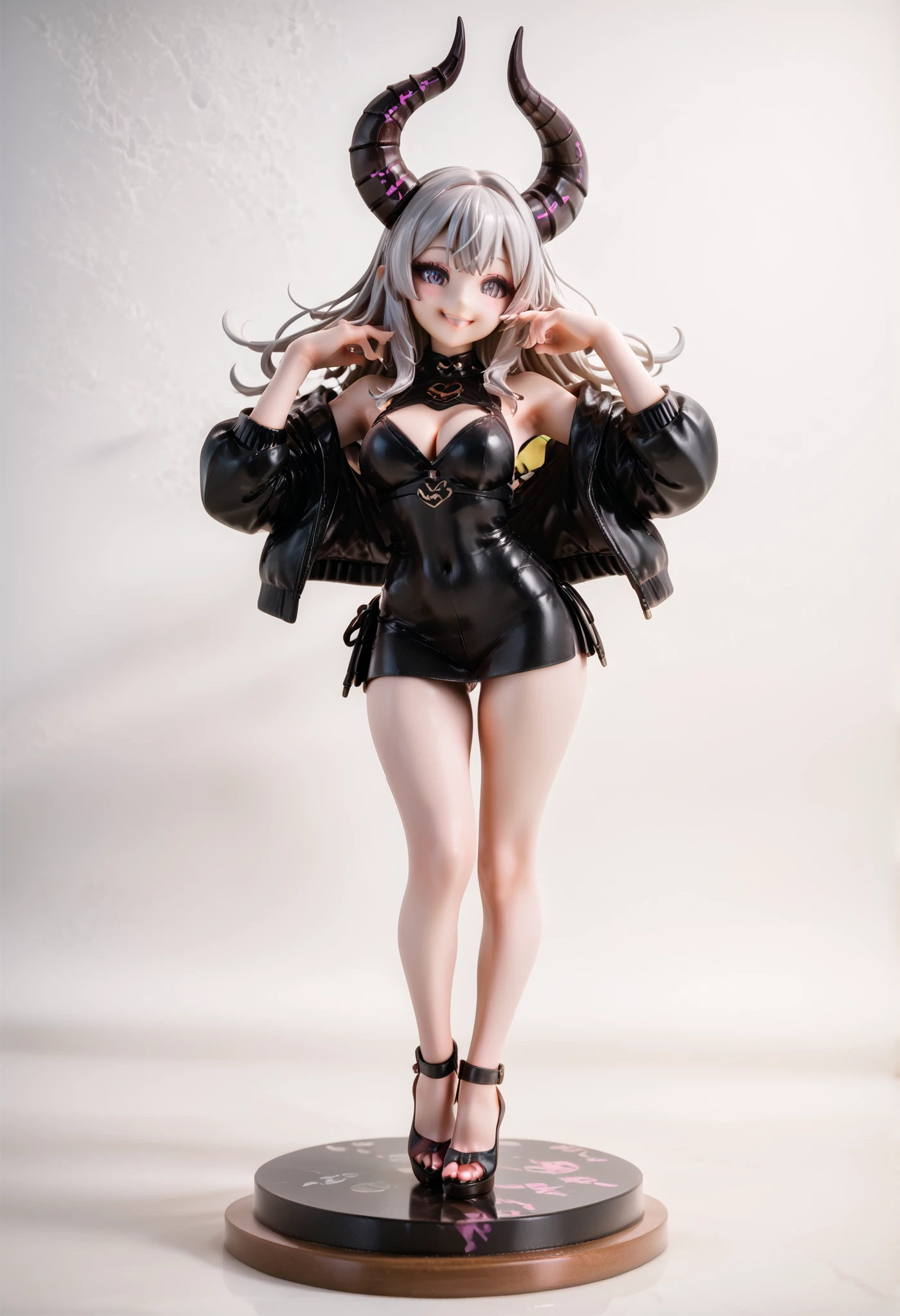 masterpiece,Highest Quality,high resolution,solo, beautiful woman, figure,Figure Woman,(((full body:3.5,from the front, standing))),Proud pose in front of Iago,aliens, Navy Blue Skin, Silver Hair, shiny hair, Listen up close to Boro-Yado's long hair, casual elegant clothes, revealing clothes,smile, Curvaceous, Slim, pink lips, Cute lips with plump,very tall, Broad shoulders, bone-cold , seated, pink skin, black sclera:1.3, with pointed ears, Giant Horns, thick horn , gigantic breast,Chest Valley,Tail, Female aliens, Monster Girl, wide smile, Blush, bright eyes, cute eyes,opened my eyes wide, big eyes, for viewers, Slit Pupils, purple eyes, blush,thin waist, short dress, revealing clothes,wear a sexy dress,iridescent skin, Surplus Legs, Enchanting,simple background,Magic Circle Pedestal,figure pedestal with the front reflected in the mirror,pedestal to strengthen your legs,