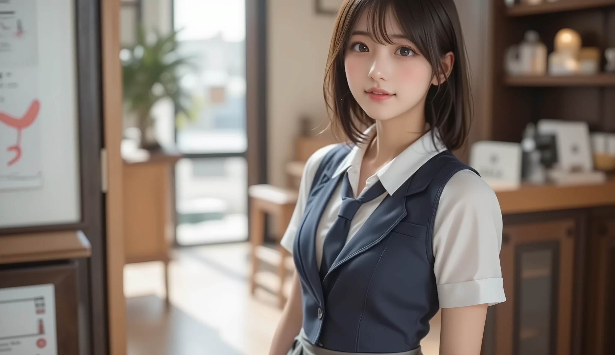 A masterpiece in every detail, top quality, 1 female, 25 years old, 170cm, receptionist, model body, perfect body, big breasts, impossible chest circumference of 130cm, realistic , extraordinary beauty, smooth textured hair, sagging in the front. Gradient bob, two-color mesh, realistic eyes, outstanding looks, unclear, closed mouth, blushing, shy, pink bow tie, , blue jacket, jacket, skirt, gray pleated skirt, cutter shirt, white shirt , Legs up, Black socks, Sitting, Office, Hair ornament, Staring, Detailed and beautiful eyes, (show  ), (Pushing up the skirt), Professional effects,