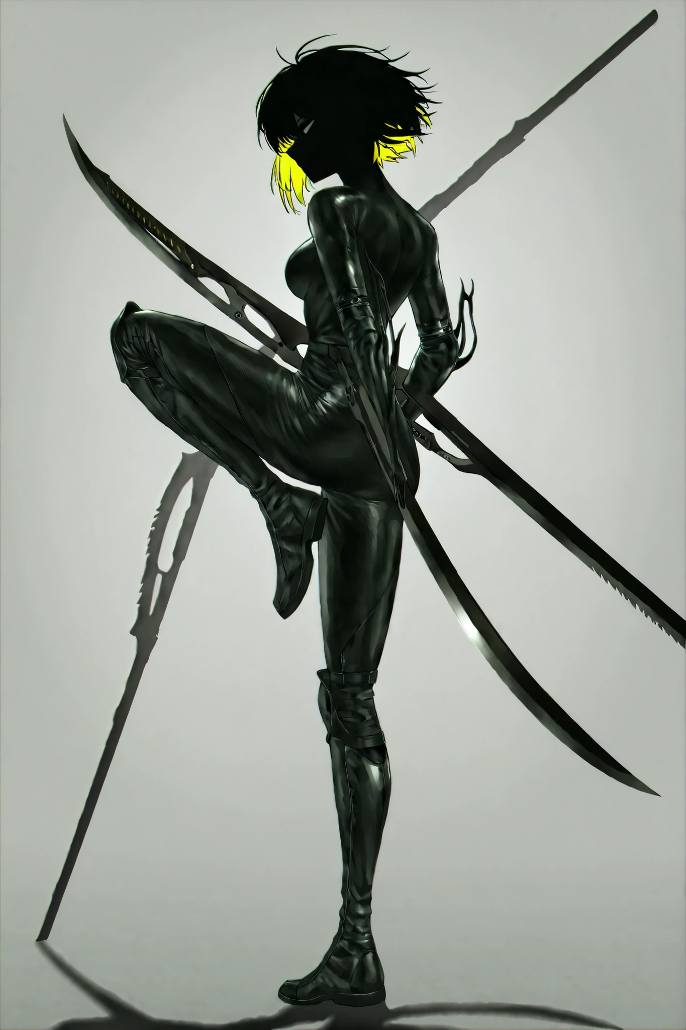 mad-neonbody,(lappland:0.55),multicolored hair, black hair, yellow hair, black eyes, short hair,BinahPM,partially, covered in shadow,(looking at viewer, side shot:0.72), dynamic shot, dynamic pose, warrior, (medium shot, three quarter shot:1.1), (1girl:0.35), solo, masterpiece, best quality, amazing quality, very aesthetic, high resolution, ultra-detailed,scissor swords, mantis blades, elbow blade