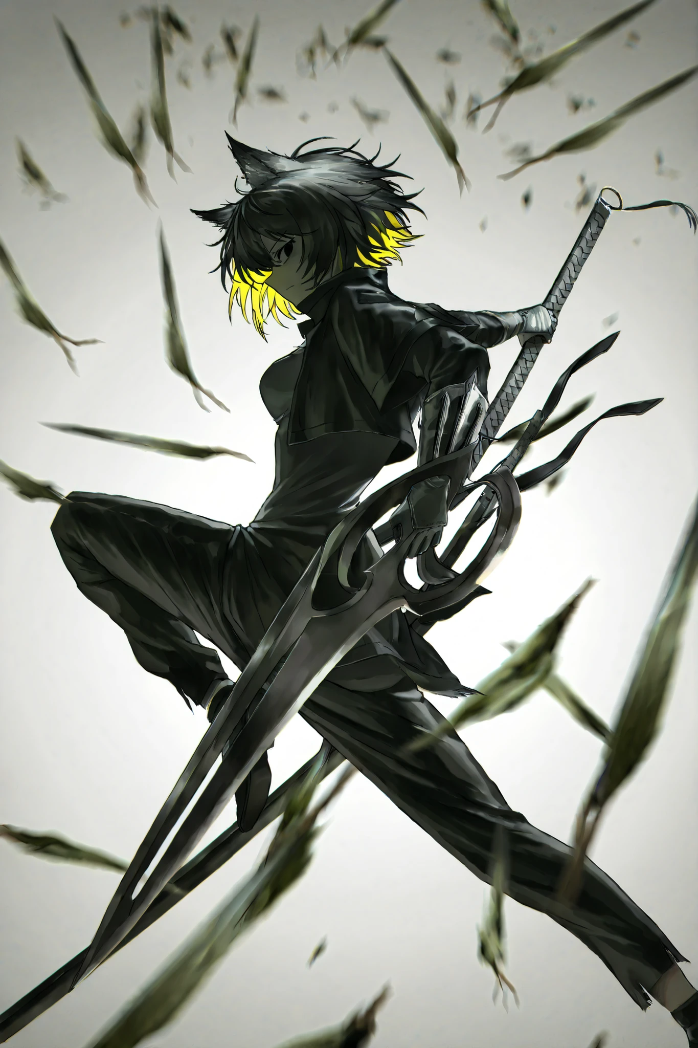 mad-neonbody,(lappland:0.55),multicolored hair, black hair, yellow hair, black eyes, short hair,BinahPM,partially, covered in shadow,(looking at viewer, side shot:0.72), dynamic shot, dynamic pose, warrior, (medium shot, three quarter shot:1.1), (1girl:0.35), solo, masterpiece, best quality, amazing quality, very aesthetic, high resolution, ultra-detailed,scissor swords, mantis blades, elbow blade, wolf girl, wolf ears,