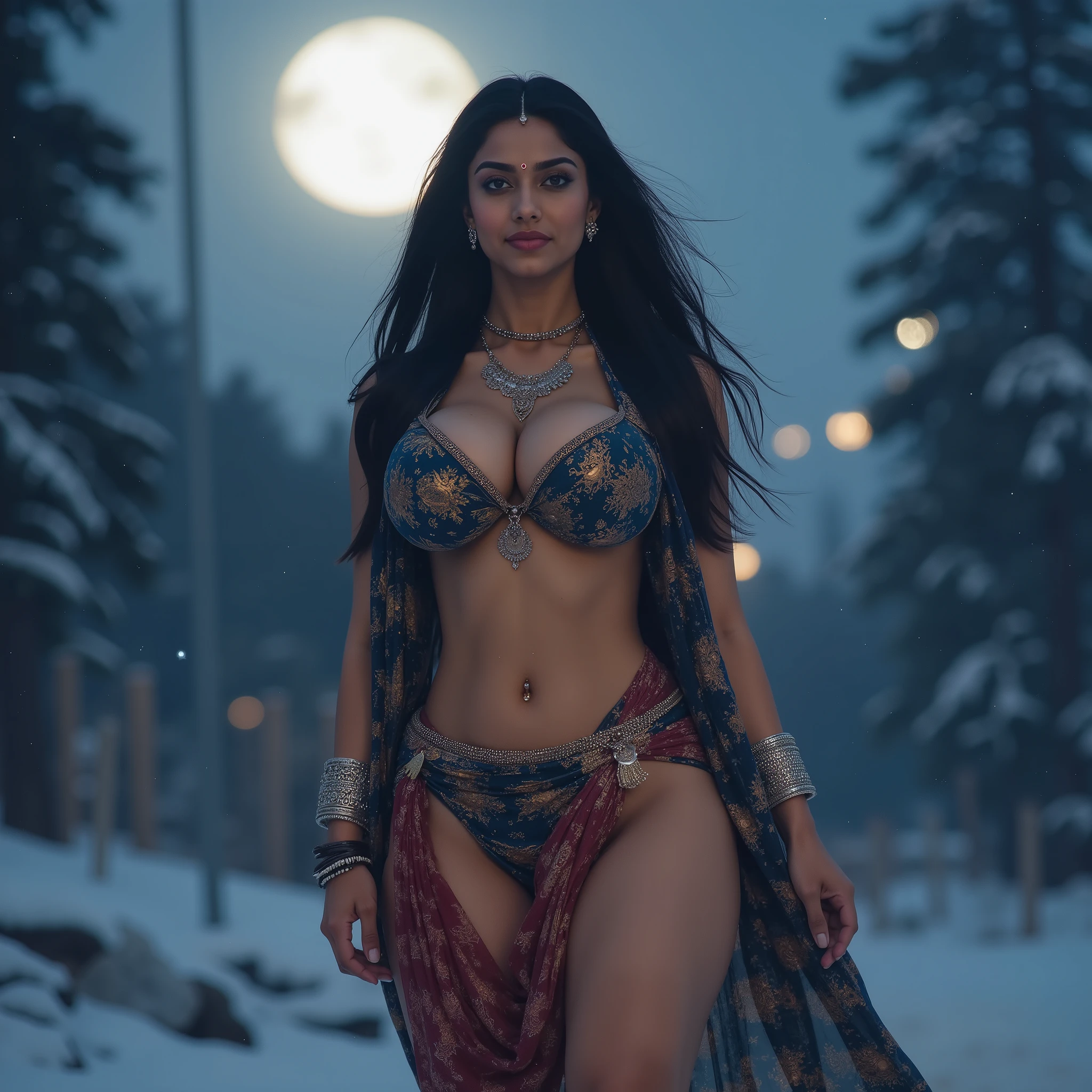 Goddess Parvati Devi maata, busty milf, serene and mystical, standing under the Bhutanese moonlight in winter, radiating complexion, long flowing hair, very short sari, bindi, voluptuous curves, perky soft large round , wide round , large bubbly , thick long shapely legs, RAW, 8K HDR, Hyperrealism, masterpiece, cinematic
