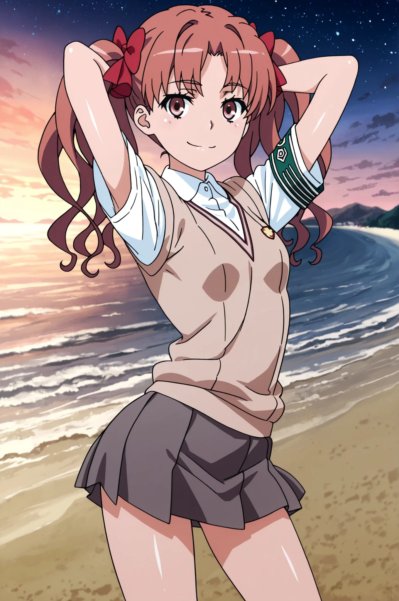 Shirai Kuroko,
long hair,pink hair,wavy hair,twintails,hair bow,red bow,hair ribbon,red ribbon,parted bangs,pink eyes
tokiwadai school uniform,brown sweater vest,white shirt,collared shirt,armband,short sleeves,small breasts,miniskirt,grey skirt,pleated skirt, anime screencap, shiny skin, solo, night sky, beach, hands behind head, ((contrapposto)), closed mouth, cowboy shot, looking at viewer, smile, best quality