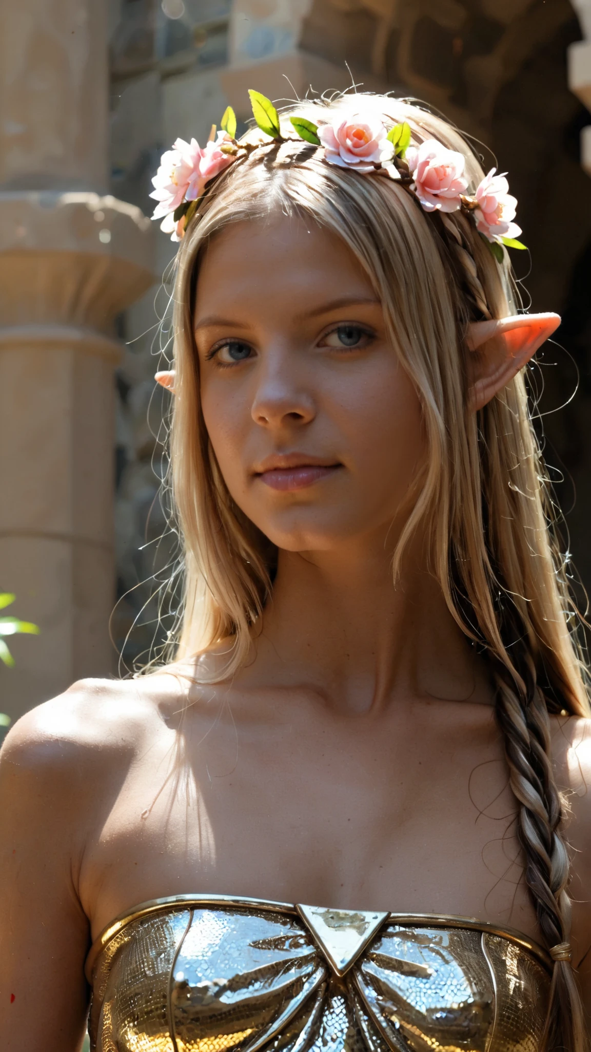 DynaPortrait_PDXL,,TeanaW, elf, pointed ears, long hair, HDR, 8K, high contrast, masterpiece, best quality, amazing quality, very aesthetic, retro artstyle, realistic, promotional art, newest, volumetric lighting, (flat colors:2), haiz_ai, no lineart, no outline,
woman, blue gray eyes, silver armor, blonde hair, silver and gold metal, braided hair, flower crown, gold jewelry, holding sword,
head turned to the side, looking up at the viewer,
dramatic lighting, dappled lighting,
blurred background, grassy field, stone castle,