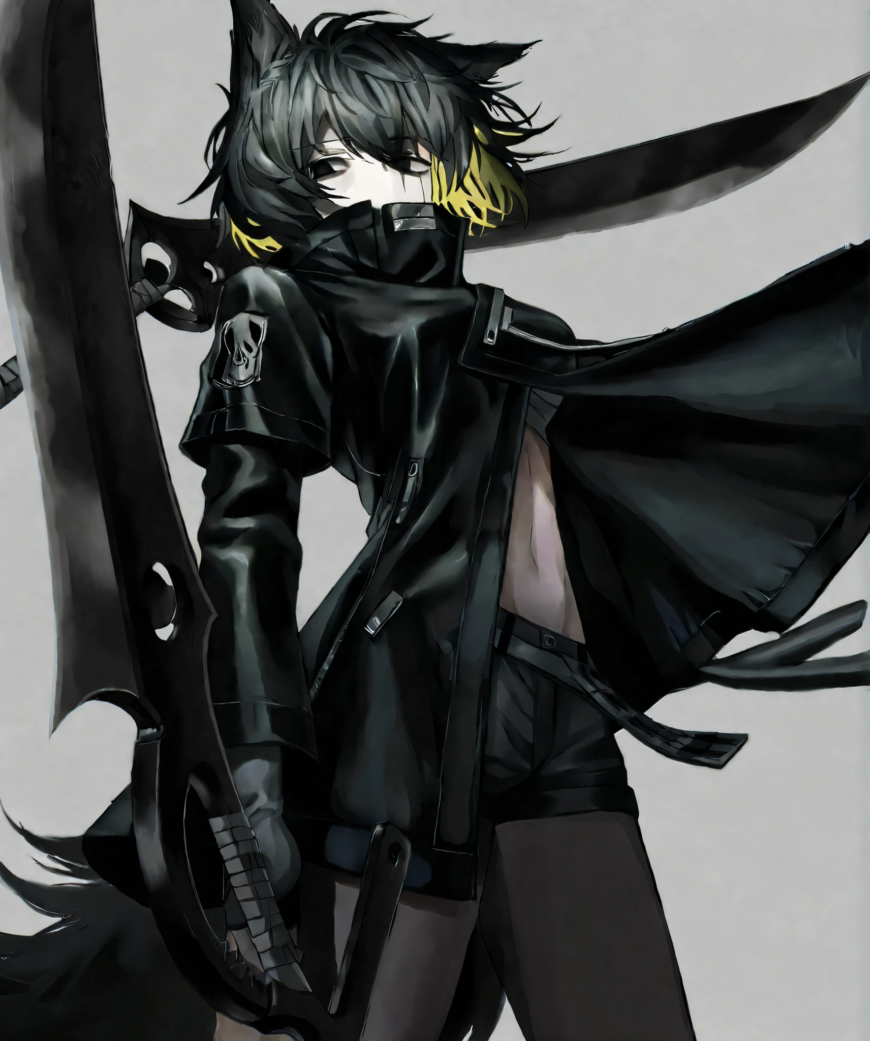 mad-neonbody,(lappland:0.55),multicolored hair, black hair, yellow hair, black eyes, short hair,BinahPM,partially, covered in shadow,(looking at viewer, side shot:0.72), dynamic shot, dynamic pose, warrior, (medium shot, three quarter shot:1.1), (1girl:0.35), solo, masterpiece, best quality, amazing quality, very aesthetic, high resolution, ultra-detailed,scissor swords, mantis blades, elbow blade, wolf girl, wolf ears, 