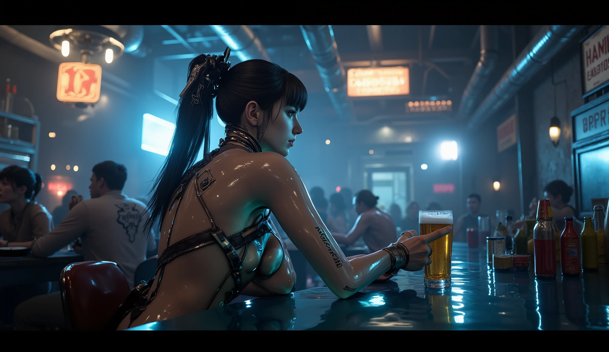 Eve from StellarBlade drinks a beer in a bar