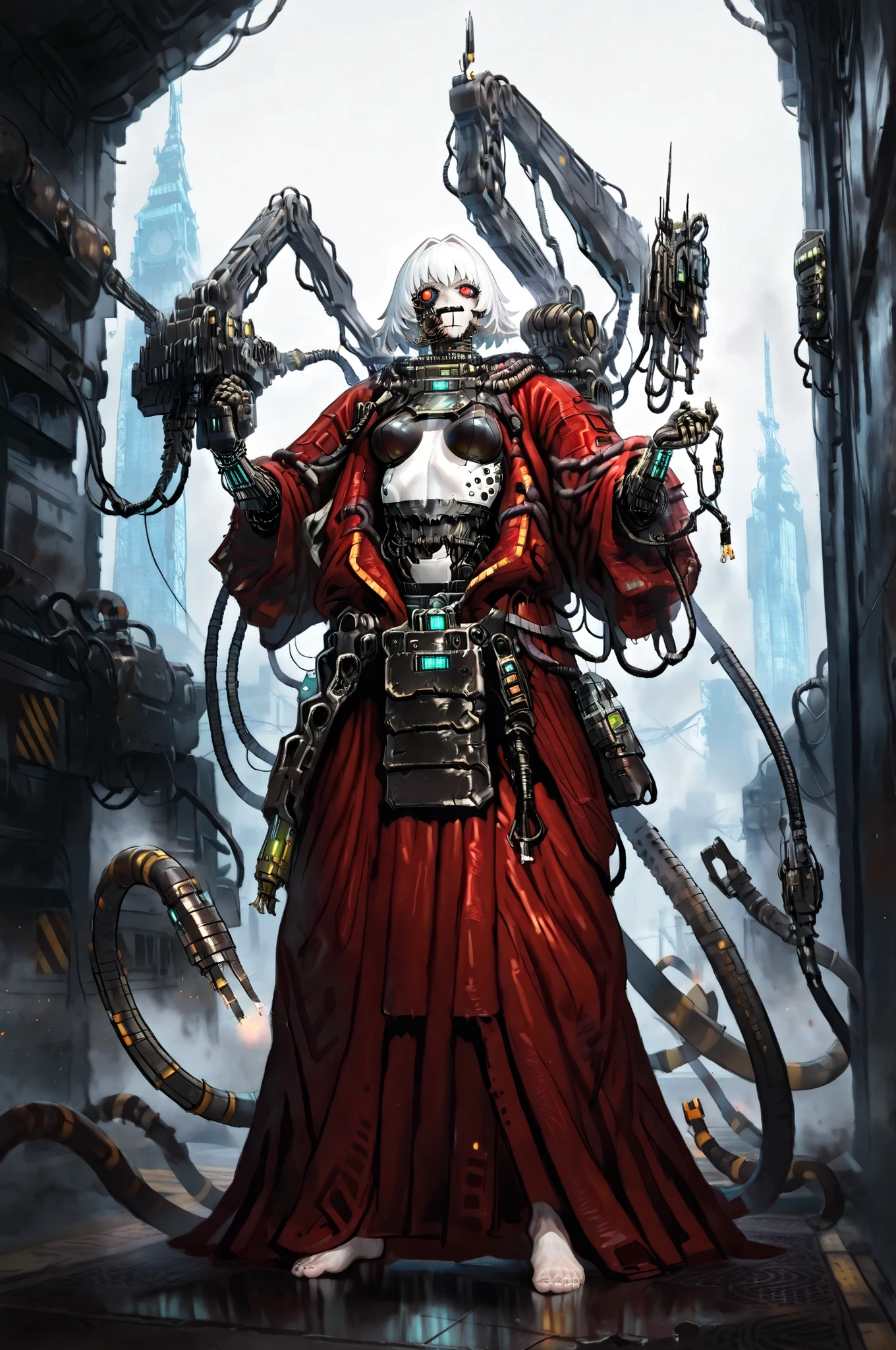 masterpiece, best quality, amazing quality, very aesthetic, high resolution, newest, hyper-detailed, solo, female character, mature woman, pale skin, short hair, withe hair,tall female figure, small breasts, thin waist, cybernetic augments, mechanic arms, electronic tentacles, wearing a red robe, barefoot, full body, fan art, clocktower background