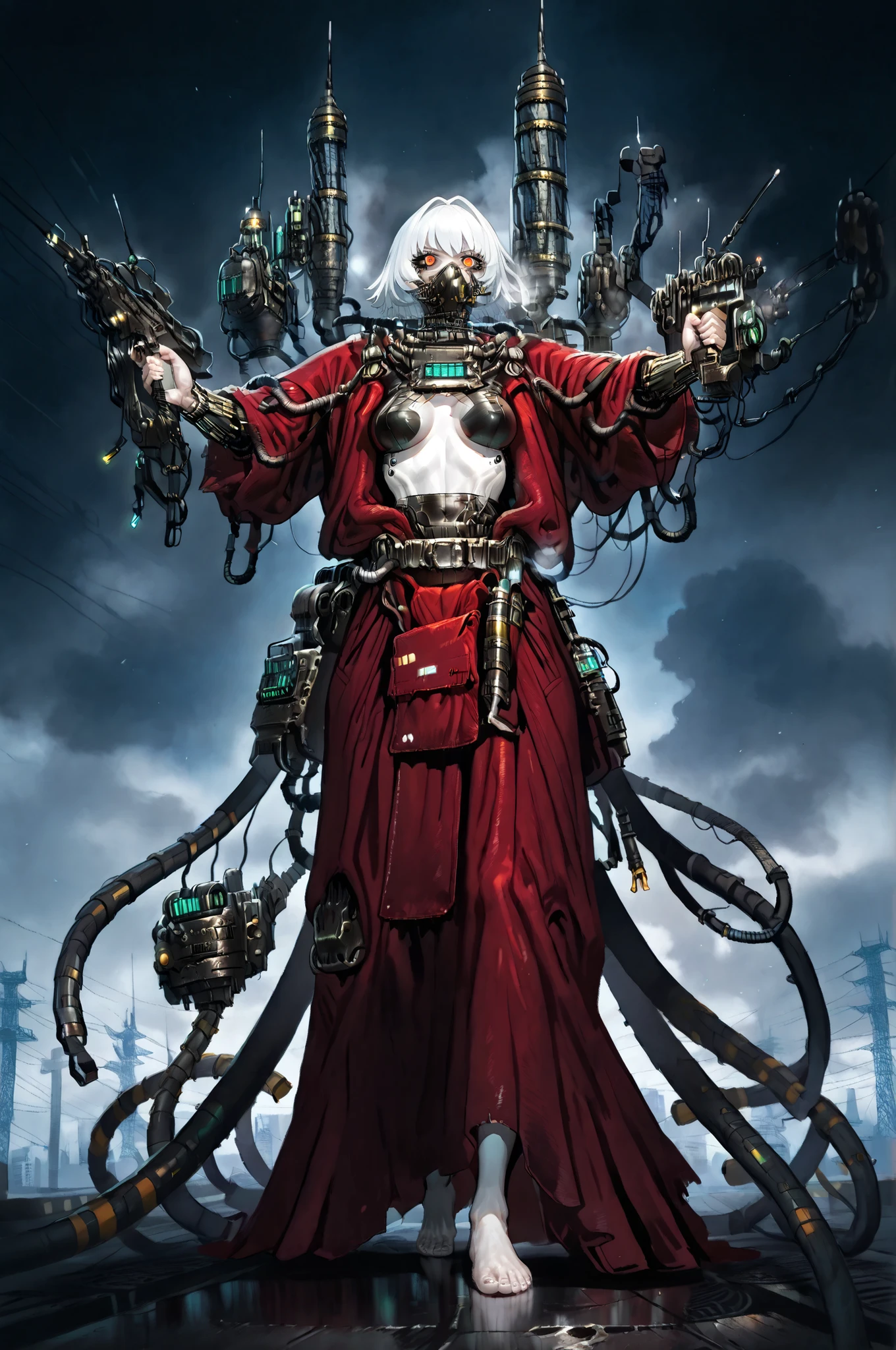 masterpiece, best quality, amazing quality, very aesthetic, high resolution, newest, hyper-detailed, solo, female character, mature woman, pale skin, short hair, withe hair,tall female figure, small breasts, thin waist, cybernetic augments, mechanic arms, electronic tentacles, wearing a red robe, barefoot, full body, fan art, clocktower background