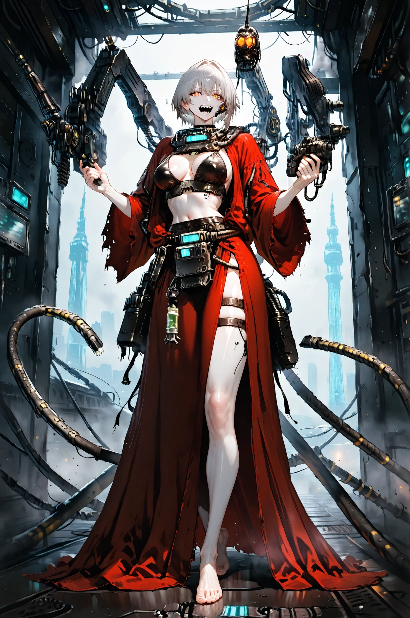 masterpiece, best quality, amazing quality, very aesthetic, high resolution, newest, hyper-detailed, solo, female character, mature woman, pale skin, short hair, withe hair,tall female figure, small breasts, thin waist, cybernetic augments, mechanic arms, electronic tentacles, wearing a red robe, barefoot, full body, fan art, clocktower background