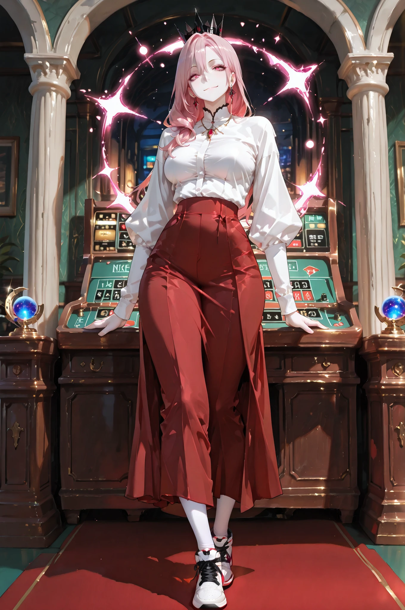 masterpiece, best quality, amazing quality, very aesthetic, high resolution, newest, hyper-detailed, solo, female character, mature woman, pale skin, long hair, pink hair,tall female figure, medium breasts, large waist, withe cropped, white leggings pants, red skirt, nike shoes, black crown on his Head, jewelry, standing on a magic energy spheres around her , full body, fan art, Casino background
