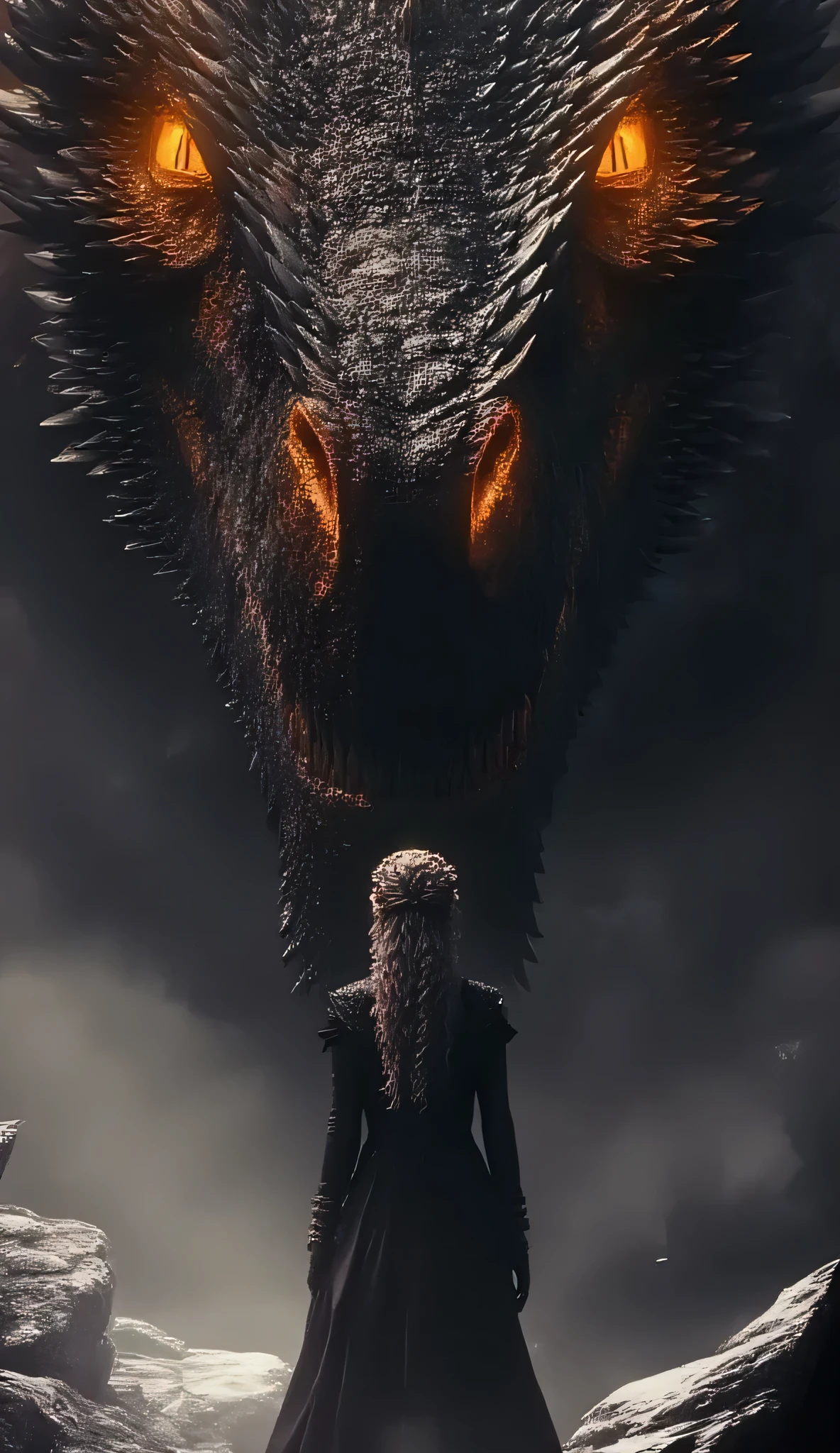 An ultra-realistic and highly detailed image of a massive dark red dragon head, detailed scales, micro-detailed, in hyper-realistic colors, red dragon!!!
rendered with Unreal Engine 5. Only part of its enormous head is framed. It remains in the shadows, shrouded in dense fog. It has glowing yellow eyes with snaking pupils and a sinister, malevolent expression. Its scales are completely black and highly detailed, reflecting no light. The dragon remains in a cave. In front of it, Daenerys Targaryen stands with her back to the camera, displaying her distinctive silver hair and a long black dress with silver details. Fog hangs in the air. The image is composed with high contrast and dark colors, with bokeh and vignette effects. The scene was captured with a Sony A7R IV and a 135mm f/1.8 GM lens, ensuring stunning clarity and rich detail. The lighting is dramatic and atmospheric, with the dragon's eyes being the only bright light source. The aspect ratio is 9:16, which emphasizes the vertical composition.