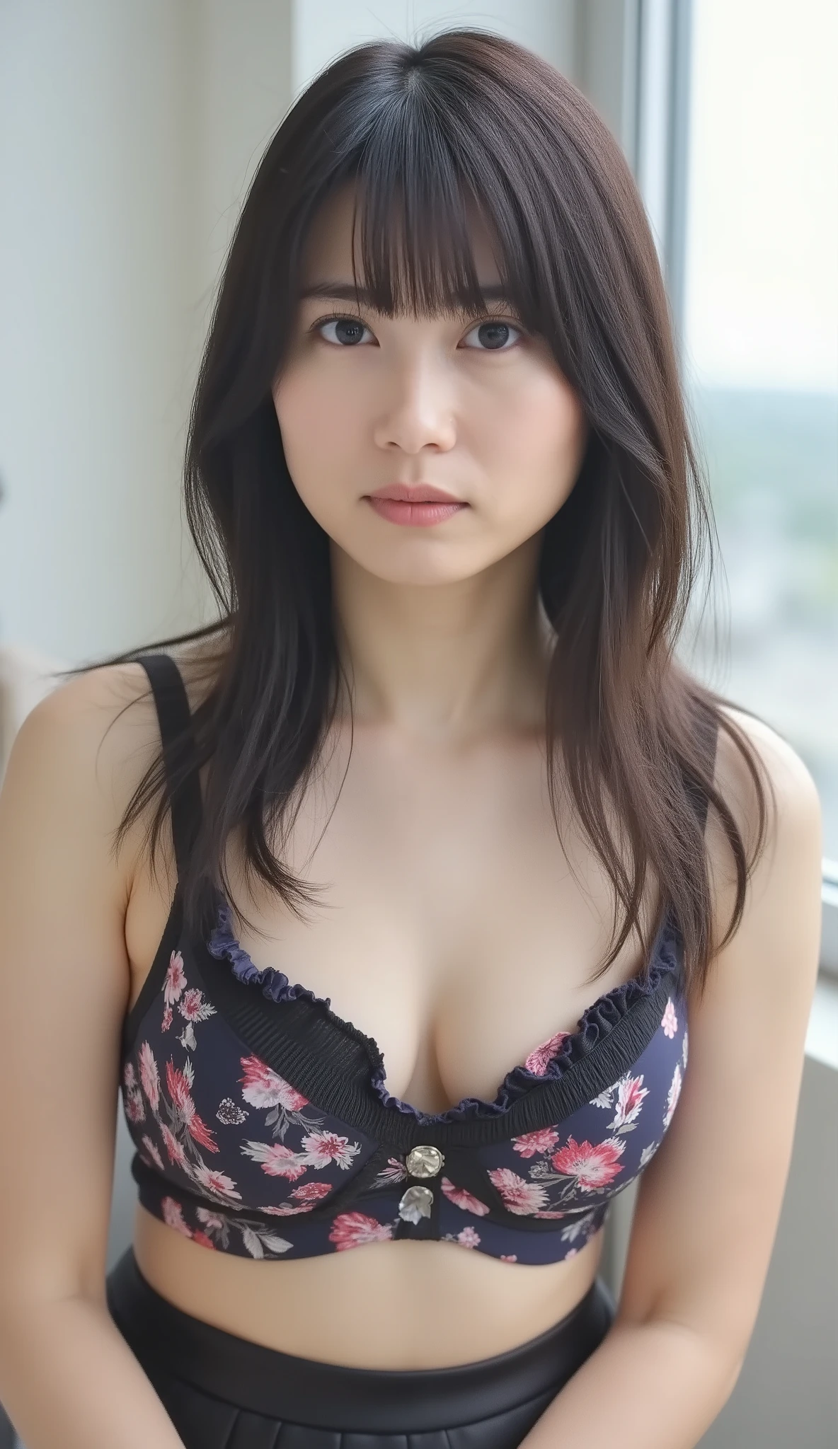 live-action、shot with a Canon EOS R5, 50mm lens, f/2.8 apertur、(masterpiece,best quality:1.4)、Highest Quality、ultra high res、8K、bright room、chair in the building on the edge、Emphasize the cleavage,(leaning forward:1.3), (hands on knees:1.3)、front view、Full body photo、sitting on a chair、Basic bra、pleated trim、rose print、(poses that accentuate cleavage:1.5)、Smile Yan、black haired 、straight semi-long、shiny hair、have bangs、(slender style:1.3)、(huge breasts:1.5)、a different color bra every time I take a picture、zettai ryouiki、tight skirt、midi skirt、pulling down strap, strap slip、unhooking bra with both hands, arms behind back、unhooking front-clasp bra with both hands、strap gap、