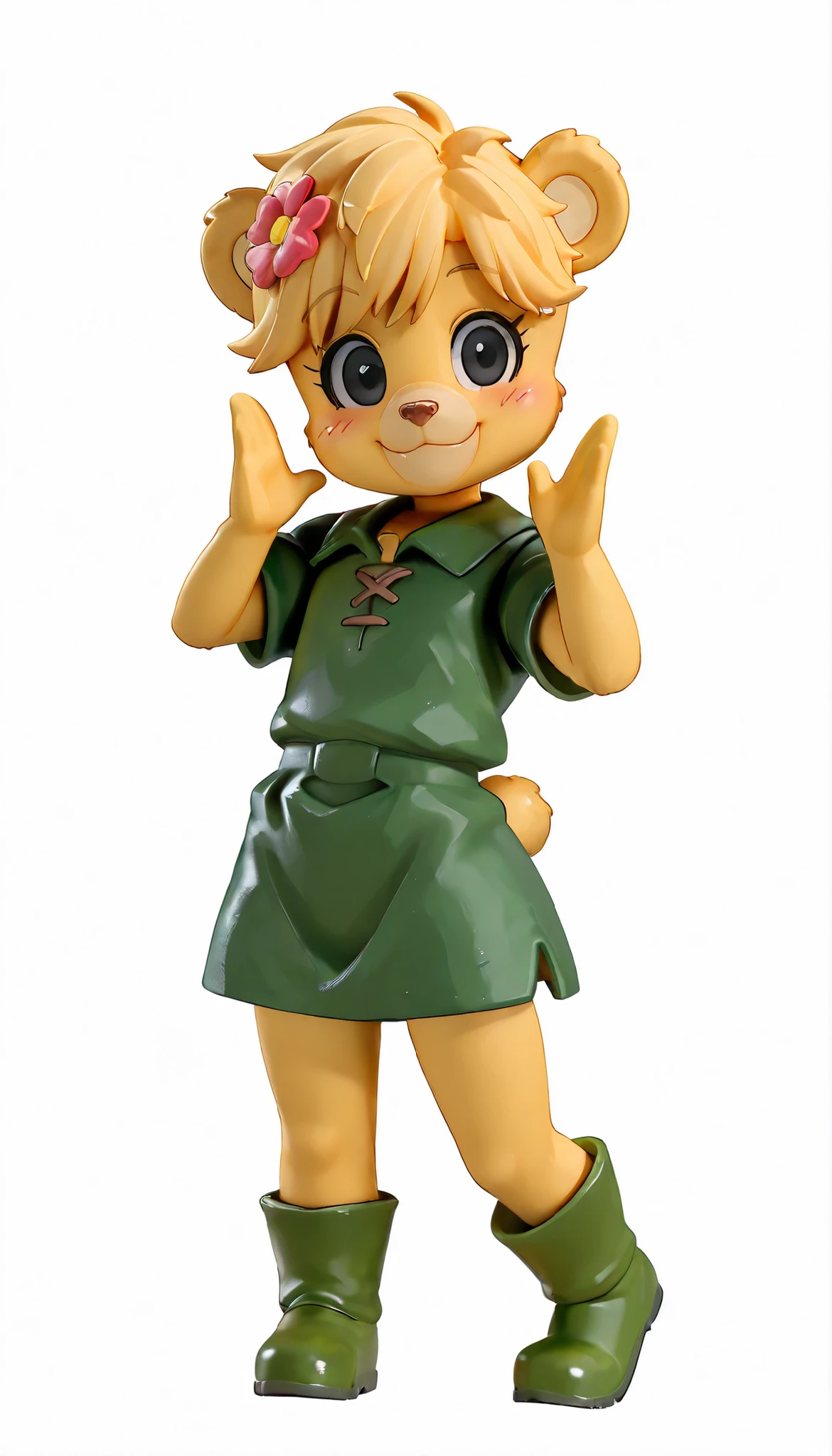 score_9, score_8_up, score_7_up, (masterpiece, best quality, very aesthetic, absurdres, source furry, shaded, 1girl, lolicon, bear, furry female, Sunni Gummi, young, black eyes, smile, blush, blonde hair, messy bangs, bear features, bear ears, bear tail, yellow body fur, red animal nose, ((flower on hair, green tunic, green boots)), anime style, kawaii, adorable, skinny, (very skinny:1.0), (Small, Short:1.1), (young cub:1.2), full body, epic portrait, :3, ((nailess, clawless)), sfw, happy, smile, standing, white background, simple background, cute pose, anime figure, 3D, realism, detailed figure, figma,