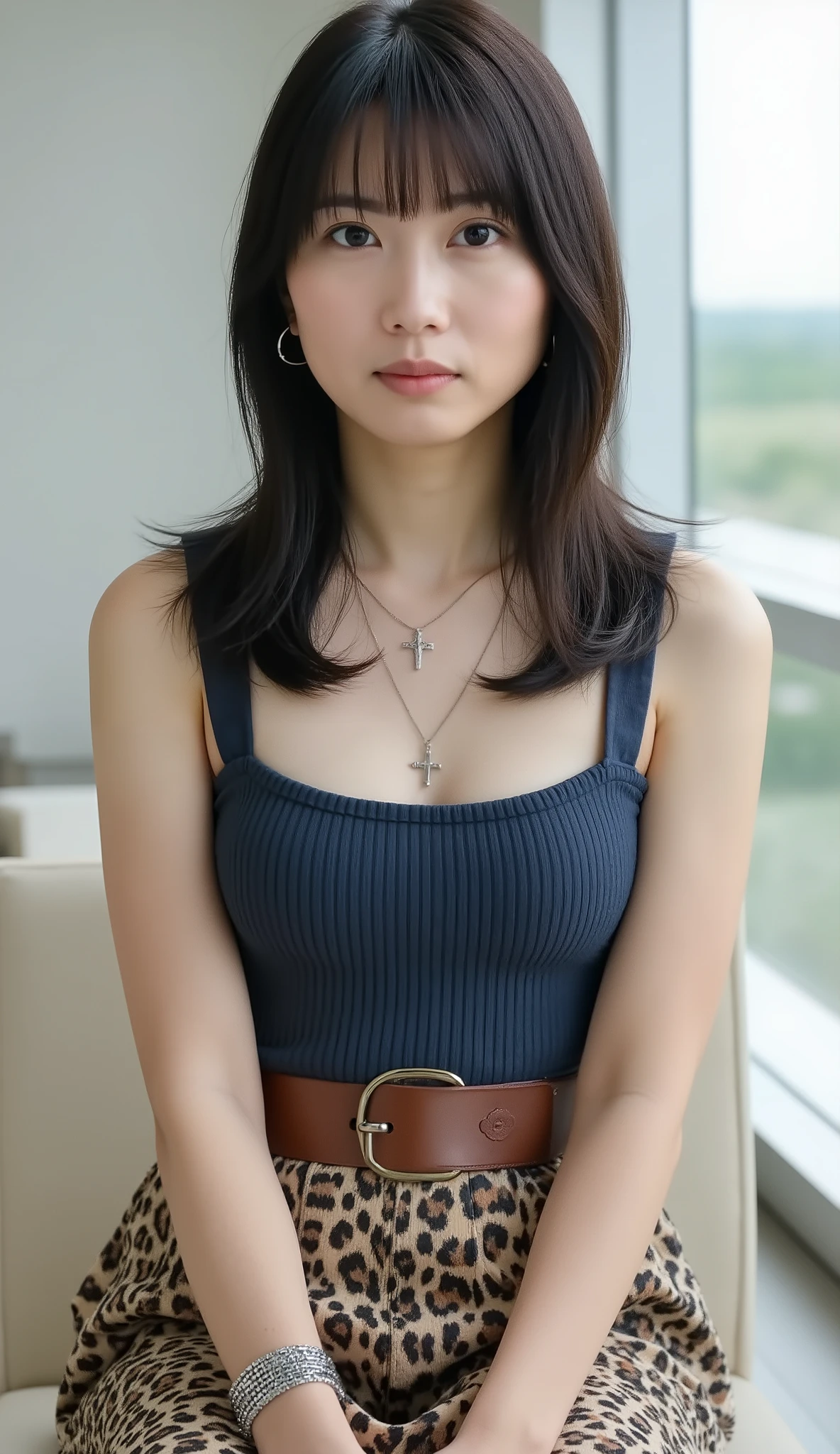 live-action、shot with a Canon EOS R5, 50mm lens, f/2.8 apertur、(masterpiece,best quality:1.4)、Highest Quality、ultra high res、8K、bright room、chair in the building on the edge、front view、Full body photo、Smile Yan、black haired 、straight semi-long、shiny hair、have bangs、(slender style:1.3)、(:1.5)、zettai ryouiki、 navy and black striped fitted tank top with double shoulder straps, black leather harness straps,
wide brown leather grommet belt worn low, leopard patterned mini skirt in soft woven fabric, layered silver necklaces with small cross pendant and bead details, black choker strap, mixed silver chain bracelets and a brown leather wrist cuff, white loose socks, black platform rubber clogs、Seductively Posing