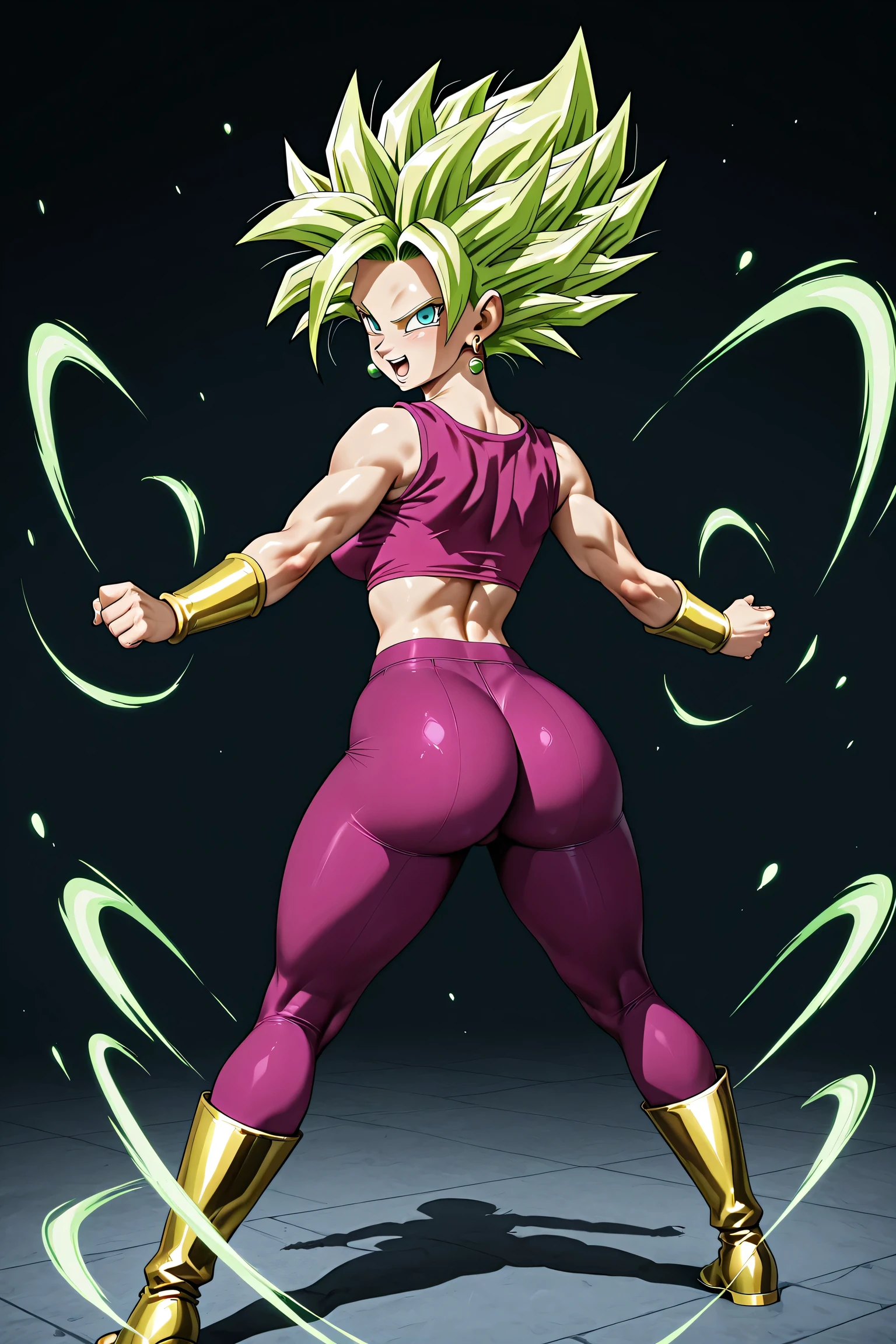 Super Saiyan Kefla from Dragon Ball Super, anime art style, standing in a powerful and  pose. View  with a dark background, simple and dramatic, almost completely black, emphasizing her glowing golden Super Saiyan aura. Her body is hyper thicc, strong, muscular yet feminine, with a big bubble  that fills her tight classic Kefla outfit.  

Her classic outfit: tight sleeveless crop top, skin-tight pants stretched over her big booty and thick thighs, green earrings, golden wristbands, and golden boots. She has radiant golden spiky Super Saiyan hair, glowing with intense energy.  

She radiates a  but powerful presence — confident, fierce expression, aura bursting with golden sparks and energy arcs. Her curves and booty are emphasized, showing she is thicc, strong and dominant, not skinny, with a perfect balance of strength and  appeal.  

Dark simple background, no distractions, only her aura lighting the scene. Epic cinematic anime style, ultra detailed, sharp focus, glowing lighting effects, vibrant colors, exaggerated proportions, hyper thicc, Dragon Ball inspired artwork.  