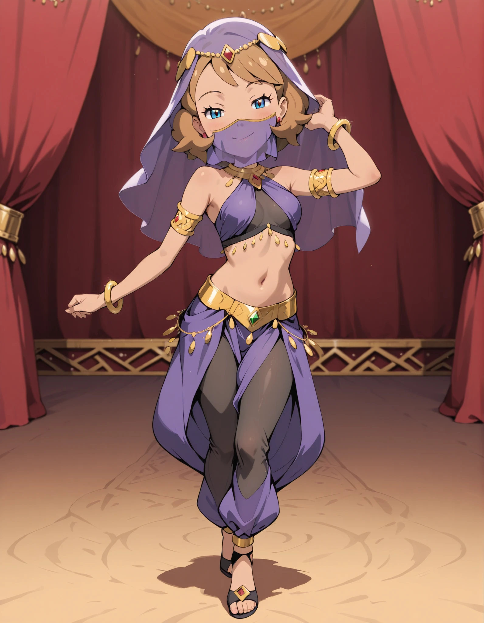 (1girl:1 . 5) , (Seul:1 . 5) , score_9 , score_8_haut , score_7_haut , source_anime , Official work  , ultra-detailed , masterpiece , best quality , high resolution , beaux yeux , detailed eyes , Detailed face , beautiful detailed eyes ,Pokemon Journeys, Serena,Arabian Clothes , Arabian Dancer ,belly dancer costume ,full body,golden jewelery,mouth veil,armlet, belly dancing,arabian theater,seductive smile, dancing with veil, dynamic movement,dance posture, seductive pose