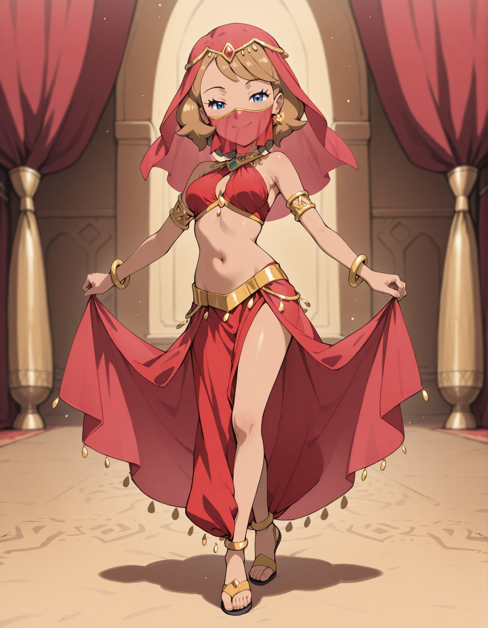 (1girl:1 . 5) , (Seul:1 . 5) , score_9 , score_8_haut , score_7_haut , source_anime , Official work  , ultra-detailed , masterpiece , best quality , high resolution , beaux yeux , detailed eyes , Detailed face , beautiful detailed eyes ,Pokemon Journeys, Serena,Arabian Clothes , Arabian Dancer ,belly dancer costume ,full body,golden jewelery,mouth veil,armlet, belly dancing,arabian theater,seductive smile, dancing with veil, dynamic movement,dance posture, seductive pose