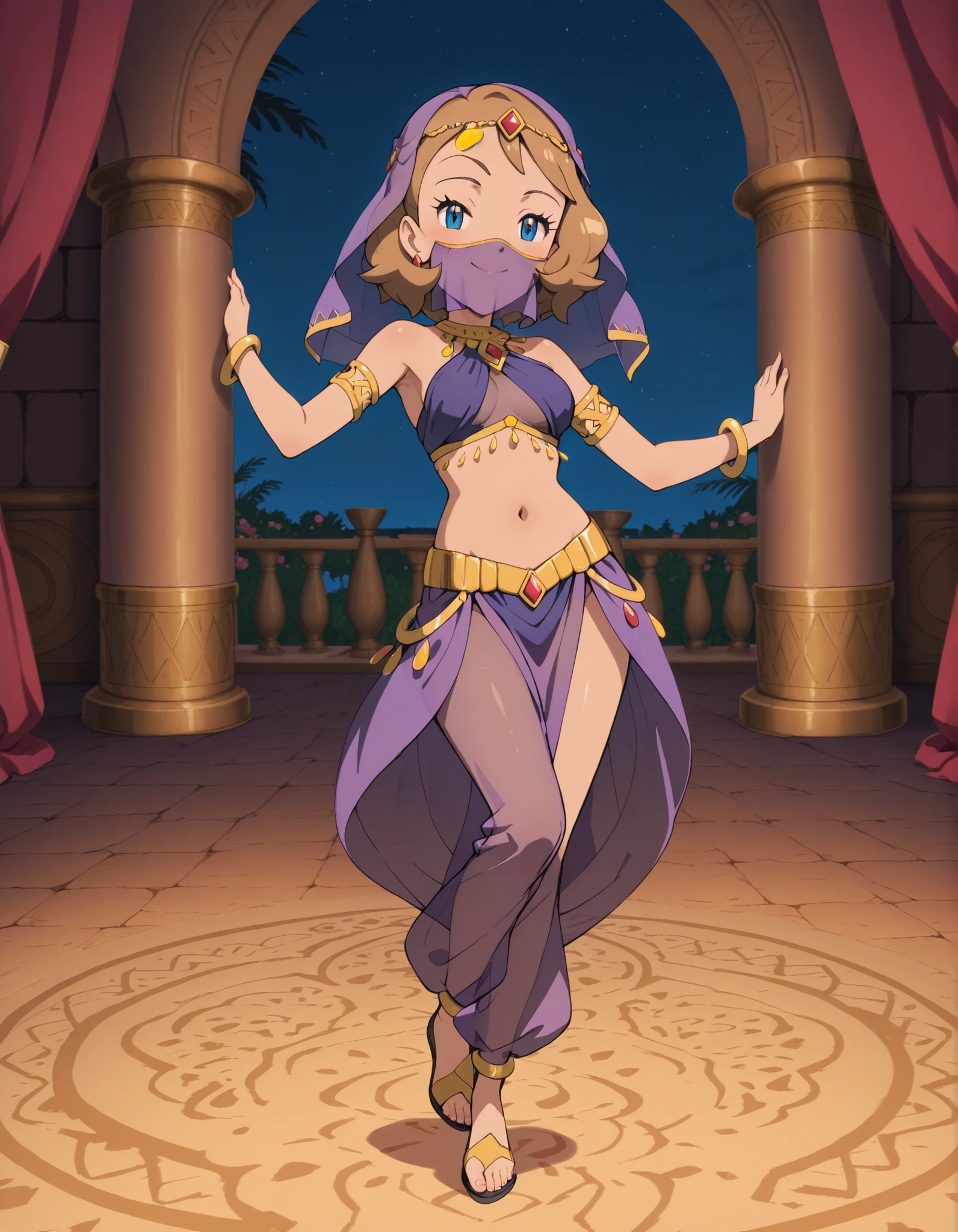 (1girl:1 . 5) , (Seul:1 . 5) , score_9 , score_8_haut , score_7_haut , source_anime , Official work  , ultra-detailed , masterpiece , best quality , high resolution , beaux yeux , detailed eyes , Detailed face , beautiful detailed eyes ,Pokemon Journeys, Serena,Arabian Clothes , Arabian Dancer ,belly dancer costume ,full body,golden jewelery,mouth veil,armlet, belly dancing,night,arabian garden,seductive smile, dancing with veil, dynamic movement,dance posture, seductive pose