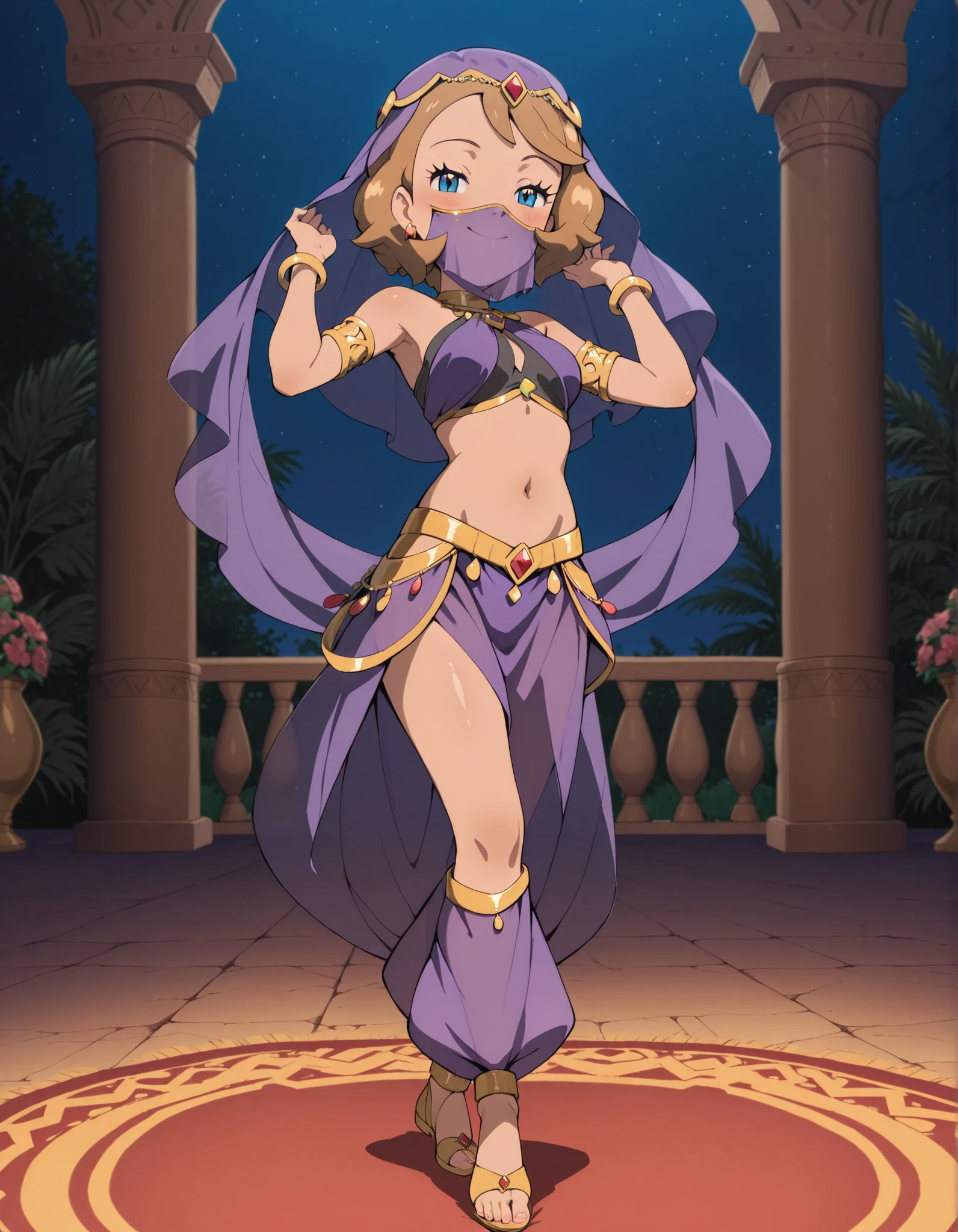 (1girl:1 . 5) , (Seul:1 . 5) , score_9 , score_8_haut , score_7_haut , source_anime , Official work  , ultra-detailed , masterpiece , best quality , high resolution , beaux yeux , detailed eyes , Detailed face , beautiful detailed eyes ,Pokemon Journeys, Serena,Arabian Clothes , Arabian Dancer ,belly dancer costume ,full body,golden jewelery,mouth veil,armlet, belly dancing,night,arabian garden,seductive smile, dancing with veil, dynamic movement,dance posture, seductive pose