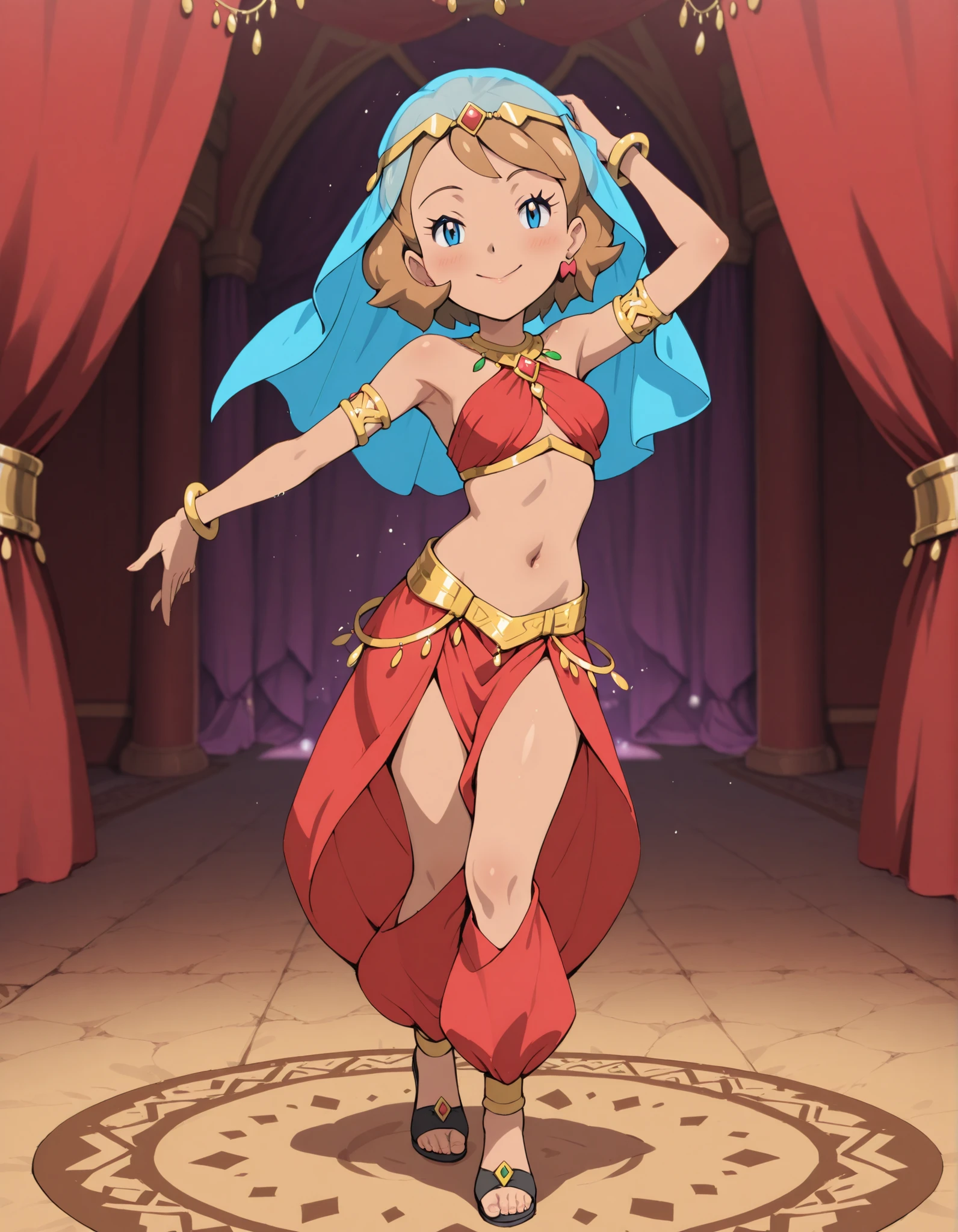 (1girl:1 . 5) , (Seul:1 . 5) , score_9 , score_8_haut , score_7_haut , source_anime , Official work  , ultra-detailed , masterpiece , best quality , high resolution , beaux yeux , detailed eyes , Detailed face , beautiful detailed eyes ,Pokemon Journeys, Serena,Arabian Clothes , Arabian Dancer ,belly dancer costume ,full body,golden jewelery,armlet, belly dancing,arabian garden,seductive smile, dancing with veil, dynamic movement,dance posture, seductive pose
