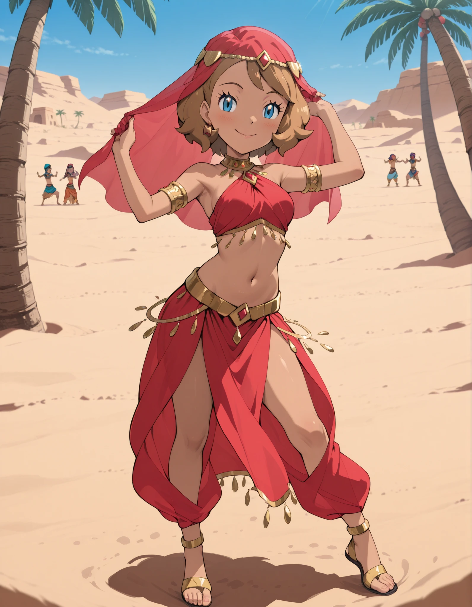(1girl:1 . 5) , (Seul:1 . 5) , score_9 , score_8_haut , score_7_haut , source_anime , Official work  , ultra-detailed , masterpiece , best quality , high resolution , beaux yeux , detailed eyes , Detailed face , beautiful detailed eyes ,Pokemon Journeys, Serena,Arabian Clothes , Arabian Dancer ,belly dancer costume ,full body,golden jewelery,armlet, belly dancing,desert lands,palm tree,seductive smile, dancing with veil, dynamic movement,dance posture, seductive pose