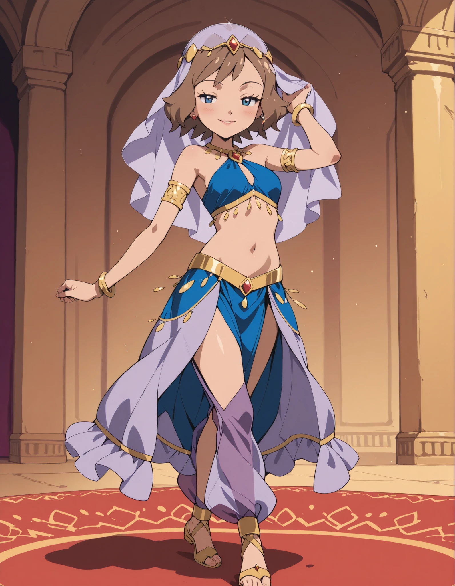 (1girl:1 . 5) , (Seul:1 . 5) , score_9 , score_8_haut , score_7_haut , source_anime , Official work  , ultra-detailed , masterpiece , best quality , high resolution , beaux yeux , detailed eyes , Detailed face , beautiful detailed eyes ,Pokemon Journeys, May,Arabian Clothes , Arabian Dancer ,belly dancer costume ,full body,golden jewelery,armlet, belly dancing,arabian theater,seductive smile, dancing with veil, dynamic movement,dance posture, seductive pose