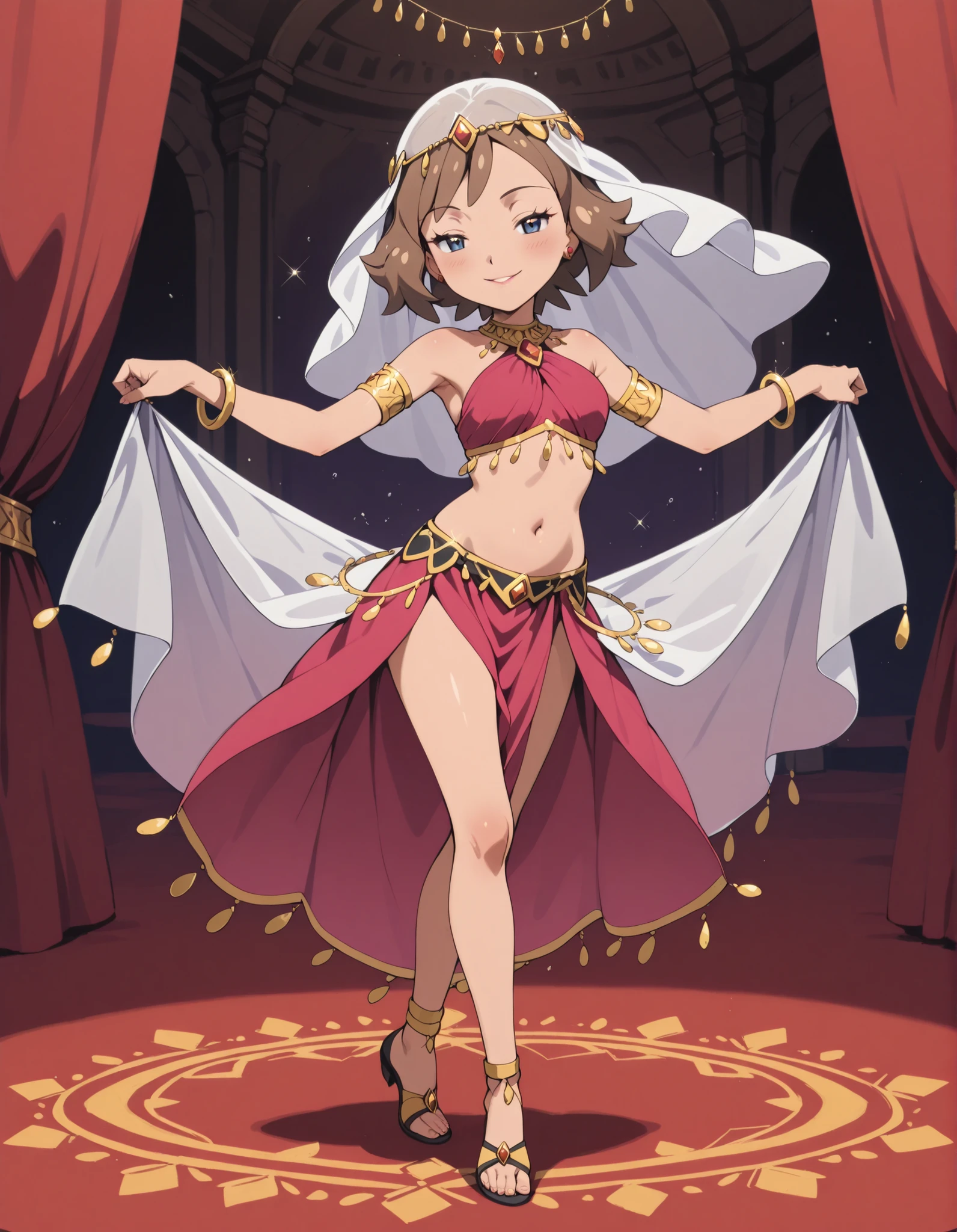 (1girl:1 . 5) , (Seul:1 . 5) , score_9 , score_8_haut , score_7_haut , source_anime , Official work  , ultra-detailed , masterpiece , best quality , high resolution , beaux yeux , detailed eyes , Detailed face , beautiful detailed eyes ,Pokemon Journeys, May,Arabian Clothes , Arabian Dancer ,belly dancer costume ,full body,golden jewelery,armlet, belly dancing,arabian theater,seductive smile, dancing with veil, dynamic movement,dance posture, seductive pose