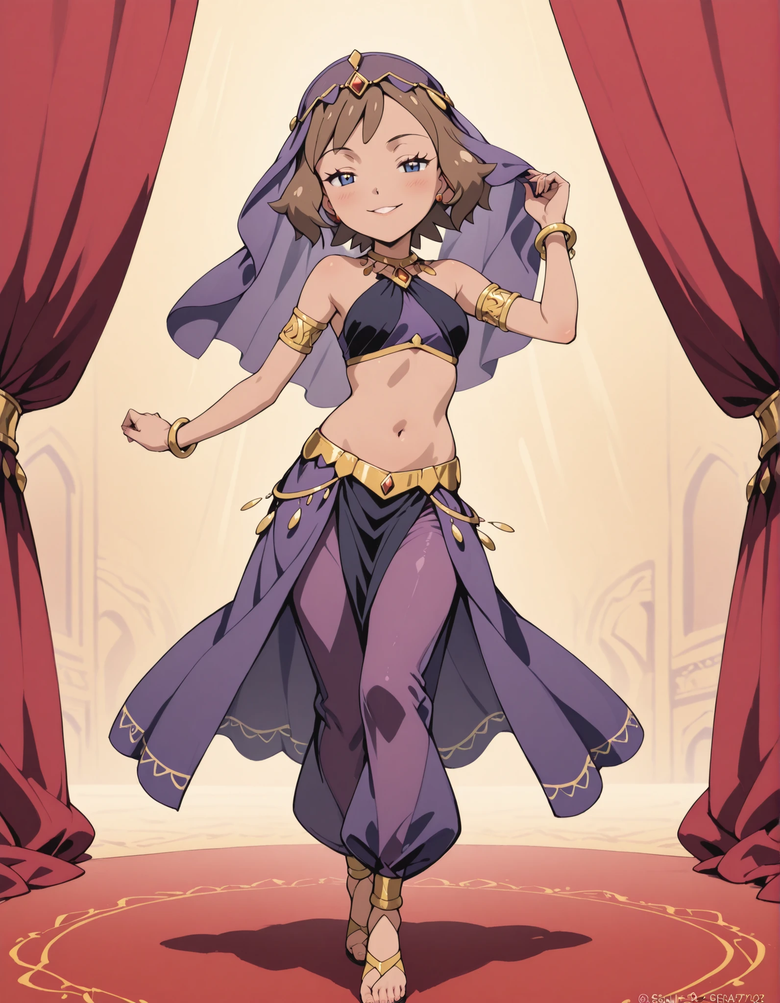(1girl:1 . 5) , (Seul:1 . 5) , score_9 , score_8_haut , score_7_haut , source_anime , Official work  , ultra-detailed , masterpiece , best quality , high resolution , beaux yeux , detailed eyes , Detailed face , beautiful detailed eyes ,Pokemon Journeys, May,Arabian Clothes , Arabian Dancer ,belly dancer costume ,full body,golden jewelery,armlet, belly dancing,arabian theater,seductive smile, dancing with veil, dynamic movement,dance posture, seductive pose