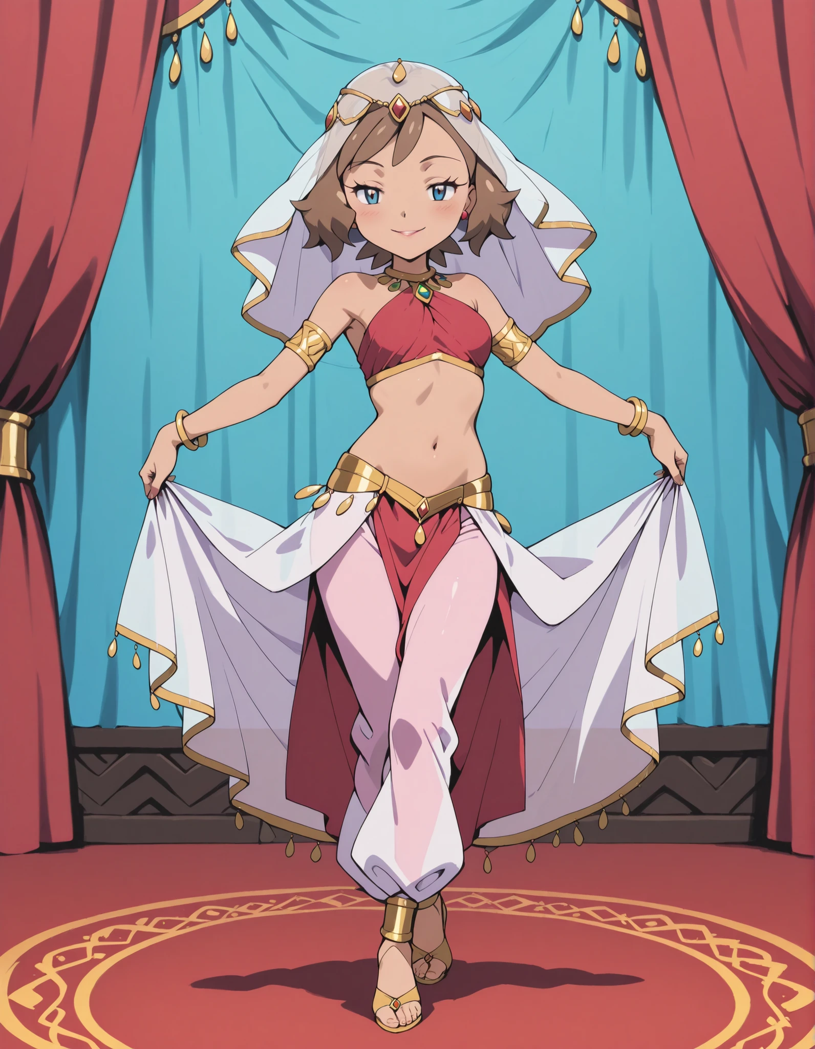(1girl:1 . 5) , (Seul:1 . 5) , score_9 , score_8_haut , score_7_haut , source_anime , Official work  , ultra-detailed , masterpiece , best quality , high resolution , beaux yeux , detailed eyes , Detailed face , beautiful detailed eyes ,Pokemon Journeys, May,Arabian Clothes , Arabian Dancer ,belly dancer costume ,full body,golden jewelery,armlet, belly dancing,arabian theater,seductive smile, dancing with veil, dynamic movement,dance posture, seductive pose