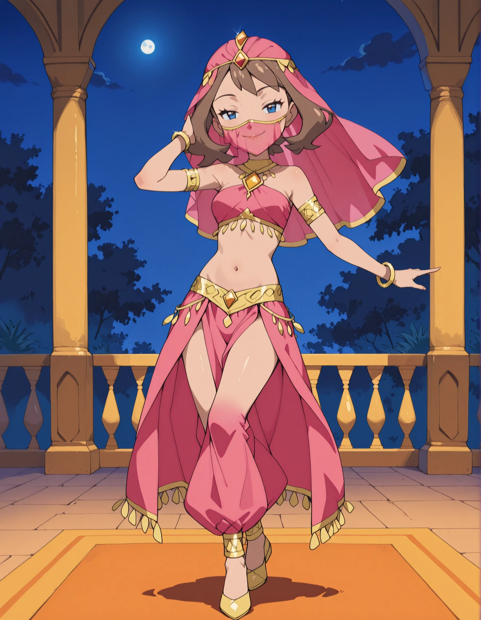 (1girl:1 . 5) , (Seul:1 . 5) , score_9 , score_8_haut , score_7_haut , source_anime , Official work  , ultra-detailed , masterpiece , best quality , high resolution , beaux yeux , detailed eyes , Detailed face , beautiful detailed eyes ,Pokemon Journeys, May,Arabian Clothes , Arabian Dancer ,belly dancer costume ,full body,golden jewelery,mouth veil,armlet, belly dancing,night,arabian garden,seductive smile, dancing with veil, dynamic movement,dance posture, seductive pose