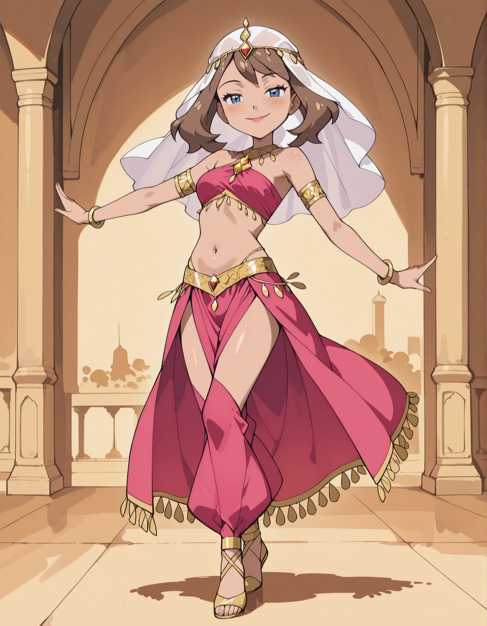 (1girl:1 . 5) , (Seul:1 . 5) , score_9 , score_8_haut , score_7_haut , source_anime , Official work  , ultra-detailed , masterpiece , best quality , high resolution , beaux yeux , detailed eyes , Detailed face , beautiful detailed eyes ,Pokemon Journeys, May,Arabian Clothes , Arabian Dancer ,belly dancer costume ,full body,golden jewelery,armlet, belly dancing,arabian garden,seductive smile, dancing with veil, dynamic movement,dance posture, seductive pose
