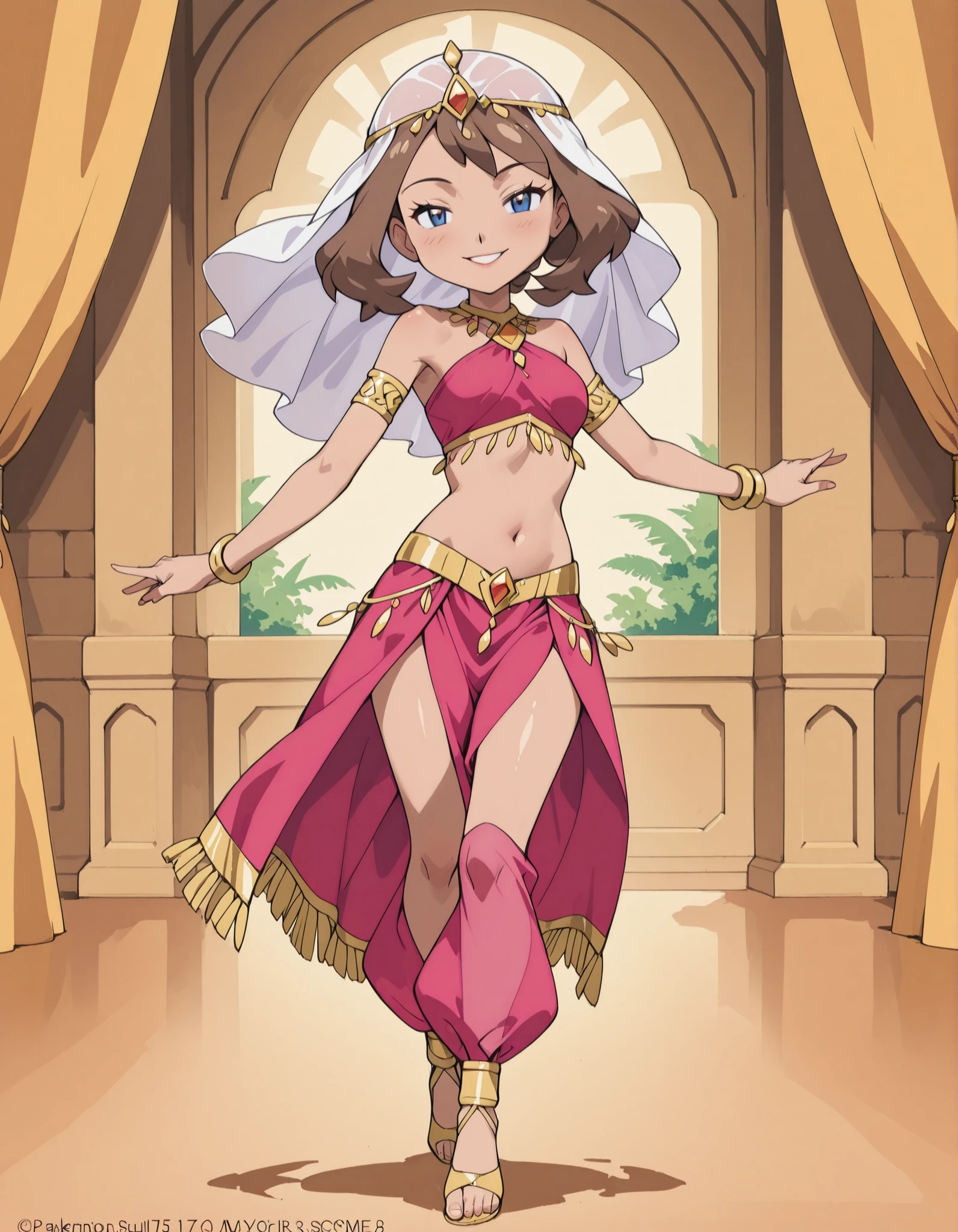 (1girl:1 . 5) , (Seul:1 . 5) , score_9 , score_8_haut , score_7_haut , source_anime , Official work  , ultra-detailed , masterpiece , best quality , high resolution , beaux yeux , detailed eyes , Detailed face , beautiful detailed eyes ,Pokemon Journeys, May,Arabian Clothes , Arabian Dancer ,belly dancer costume ,full body,golden jewelery,armlet, belly dancing,arabian garden,seductive smile, dancing with veil, dynamic movement,dance posture, seductive pose